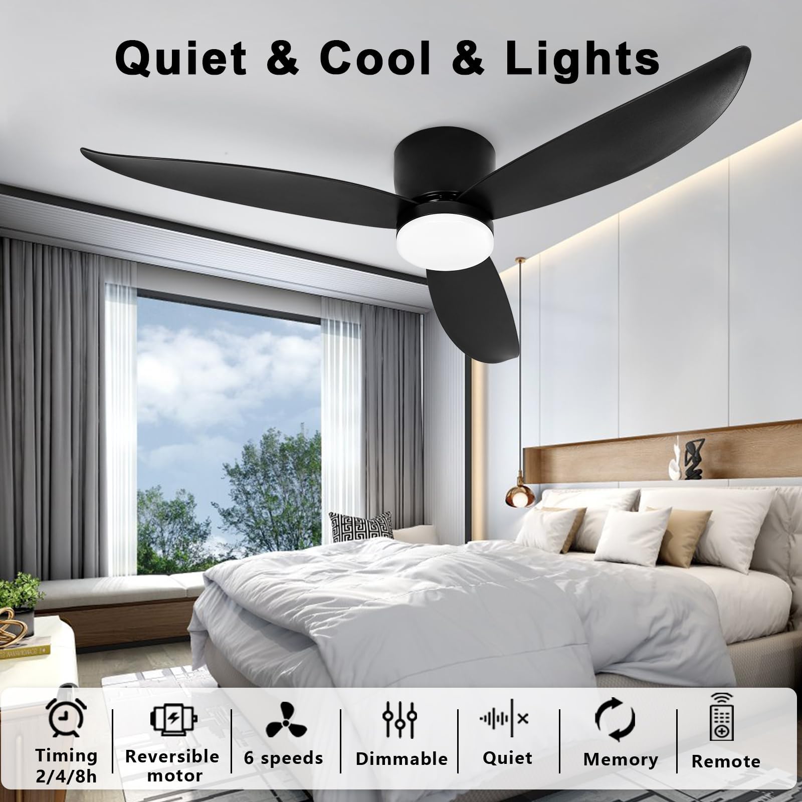 52 Inch Matte Black Low Profile Ceiling Fan With Light,Modern Ceiling Fans With Lights And Remote,Includes Remote Control, Noise