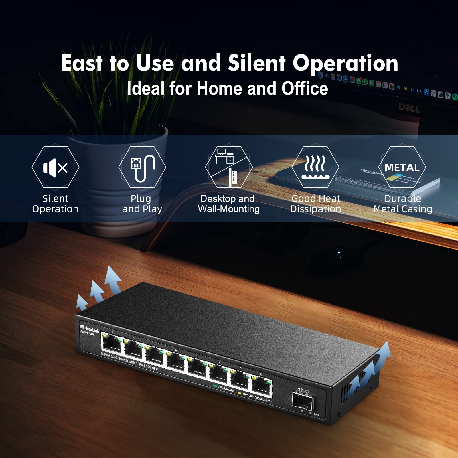 Mokerlink 8 Port 2.5G Ethernet Switch With 10G Sfp+, 8X2.5G Rj45 Ports Compatible With 100/1000Mbps, Metal Unmanaged Fanless Des