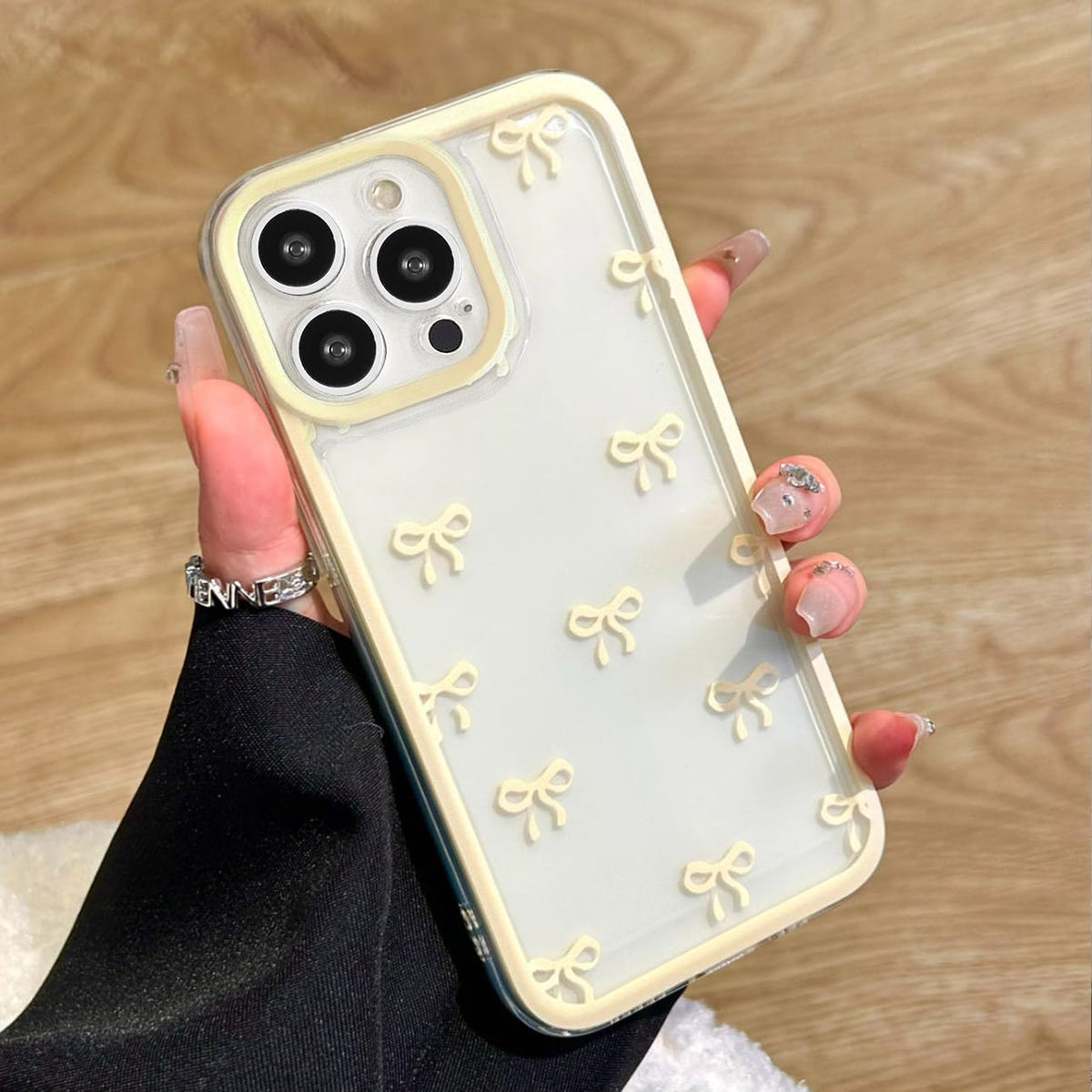 Eyzutak Case For Iphone 15 Pro, Clear Cute Ribbon Bowknot Pattern Aesthetic Transparent Phone Case Raised Camera Protection Styl