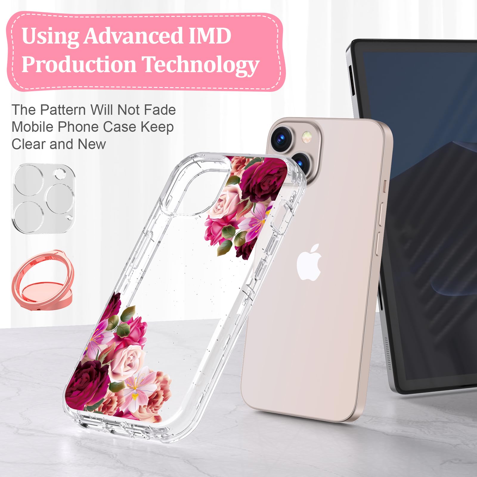 Acketbox For Iphone 14 Case With Screen Protector + Camera Lens Protector And Ring Bracket,Flower Pattern Design For Women And G