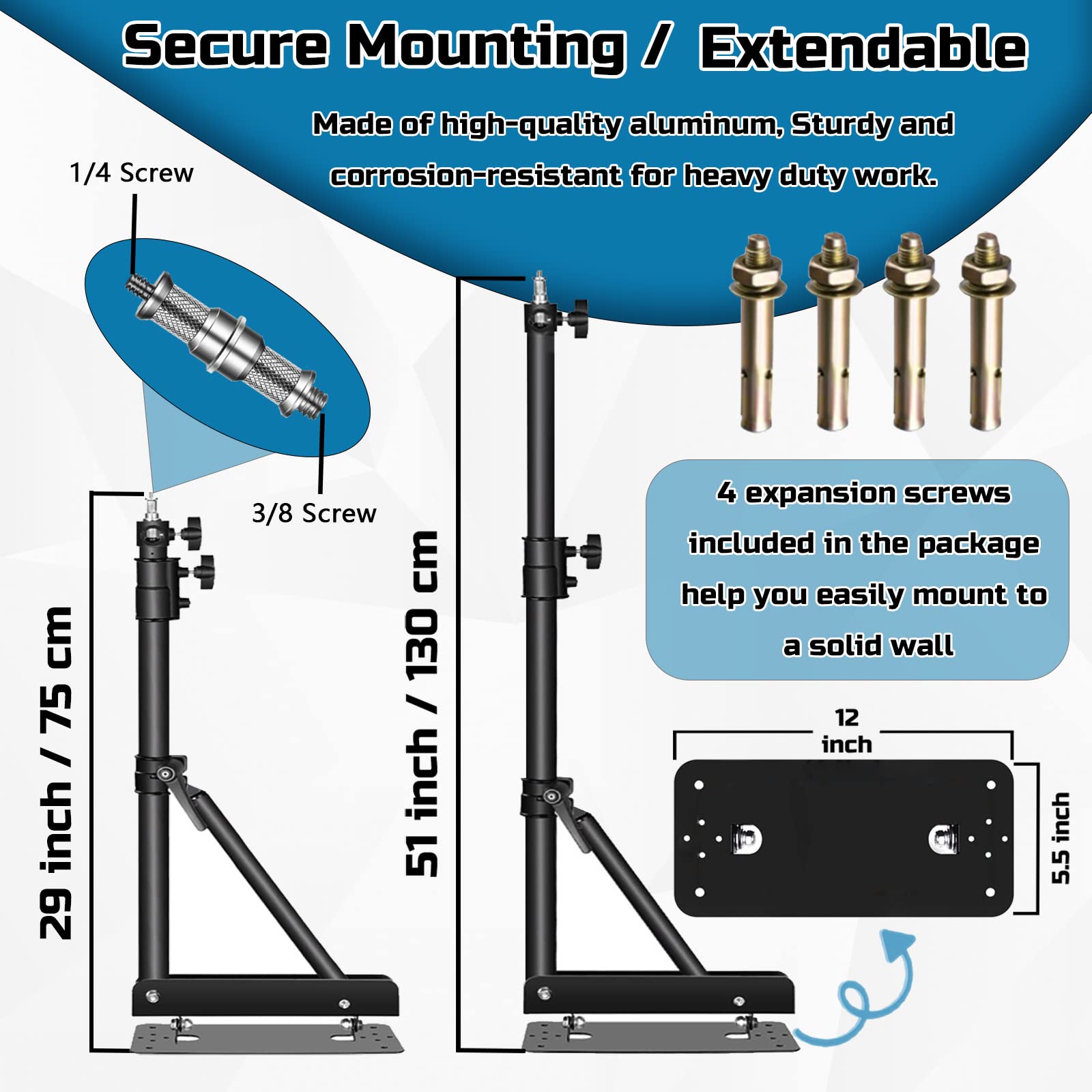 4.3Ft/130Cm Wall Mount Triangle Boom Arm, 180 Flexible Rotation, Save Space, For Ring Light, Photography Strobe Light, Monolight