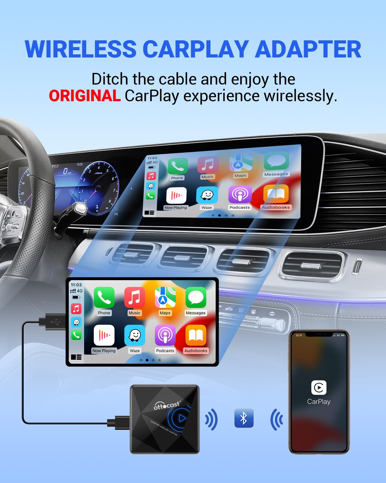 Ottocast U2Air Pro Wireless Carplay Adapter For Iphone   2024 Newest Version Wired To Wireless Carplay Dongle   Dual Band Wifi,