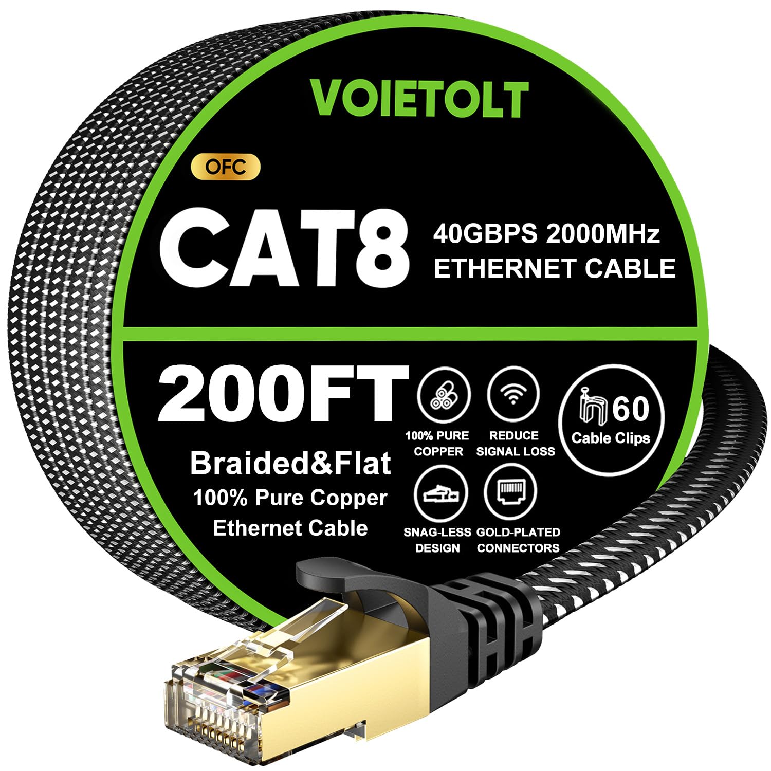 Cat 8 Ethernet Cable 200 FT Flat, High Speed 40Gbps 2000Mhz Braided Internet Cable with Gold Plated RJ45 Network LAN Cable SSTP,