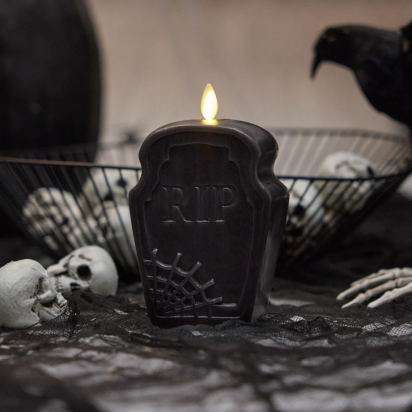 Luminara Black Flameless Candle Rip Tombstone Figural (2'' X 5.5'') Moving Flame Battery Operated Led Candle Lights Halloween De
