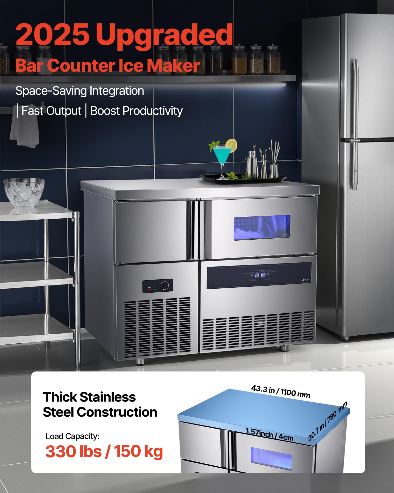 Vevor Commercial Ice Maker Machine, 330 Lbs/24H Stainless Steel Ice Machine With Worktop, 88 Lbs Storage & 144 Cubes/Cycle, Self