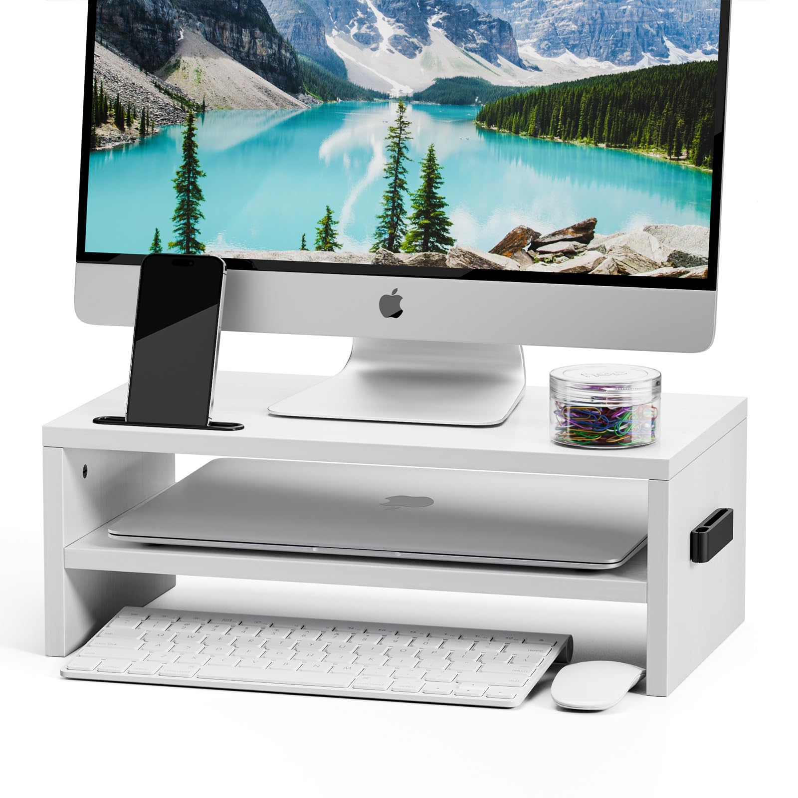 Marbrasse Monitor Stand Riser, 16.5 Inch 2 Tier Computer Printer Shelf Stand for Laptop Computer Screen Storage, Desktop Stand with Phone Holder and Cable Management (White)