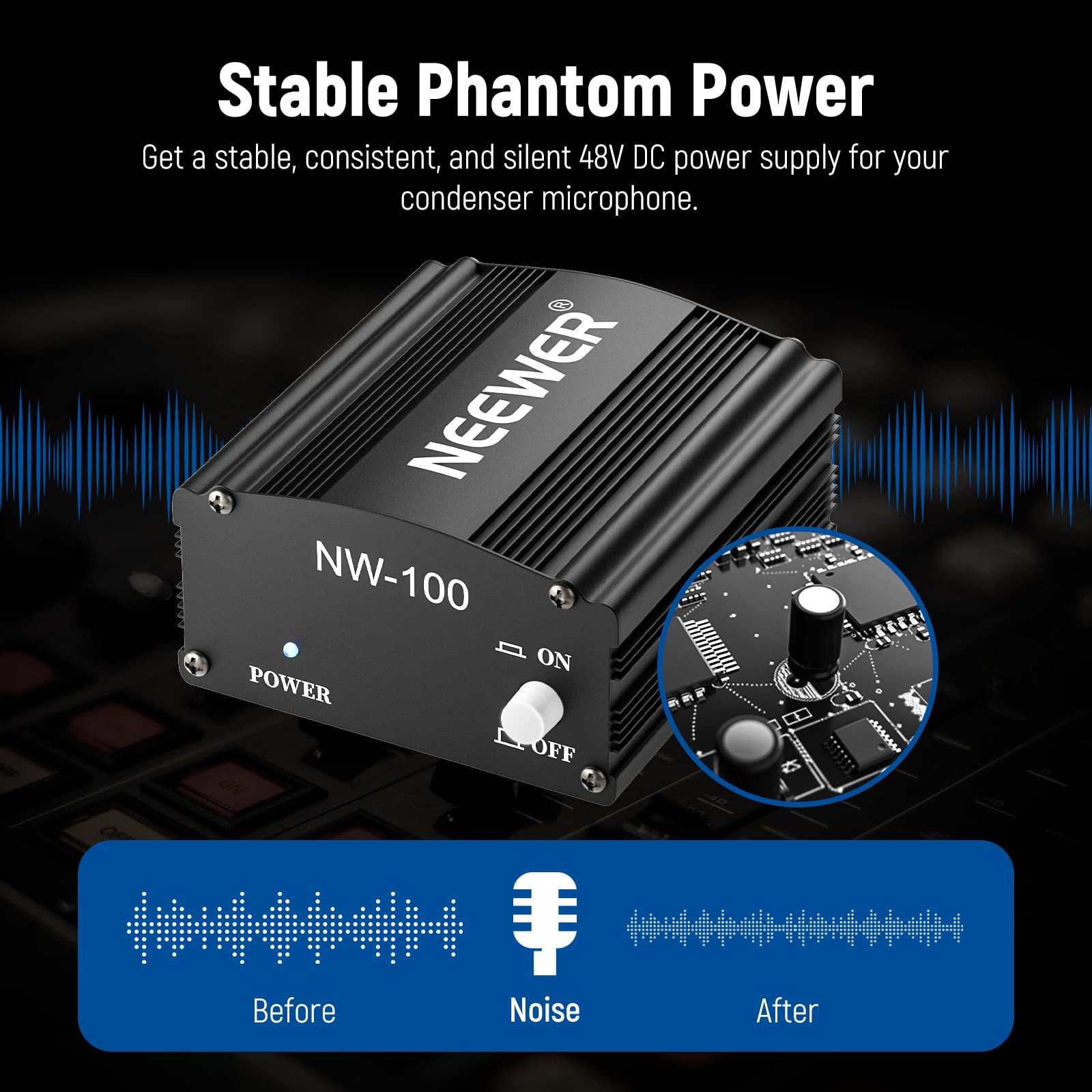Neewer 1 Channel 48V Phantom Power Supply With Adapter, Bonus+Xlr 3 Pin Microphone Cable For Any Condenser Microphone Music Reco