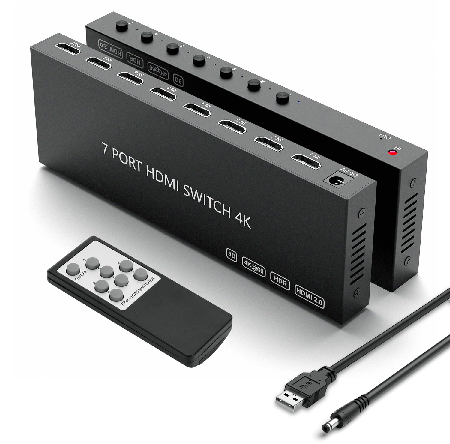 Hdmi Switcher 4K@60Hz Hdmi Switch Selector Supports Full Hd 4K/1080P/3D & Hdcp 2.2 For Nintendo Switch,Xbox,Ps4/Ps5,Fire Stick,Roku,Apple Tv,Pc,Blu Ray Player Etc.(With Ir Remote) (7In 1Out)