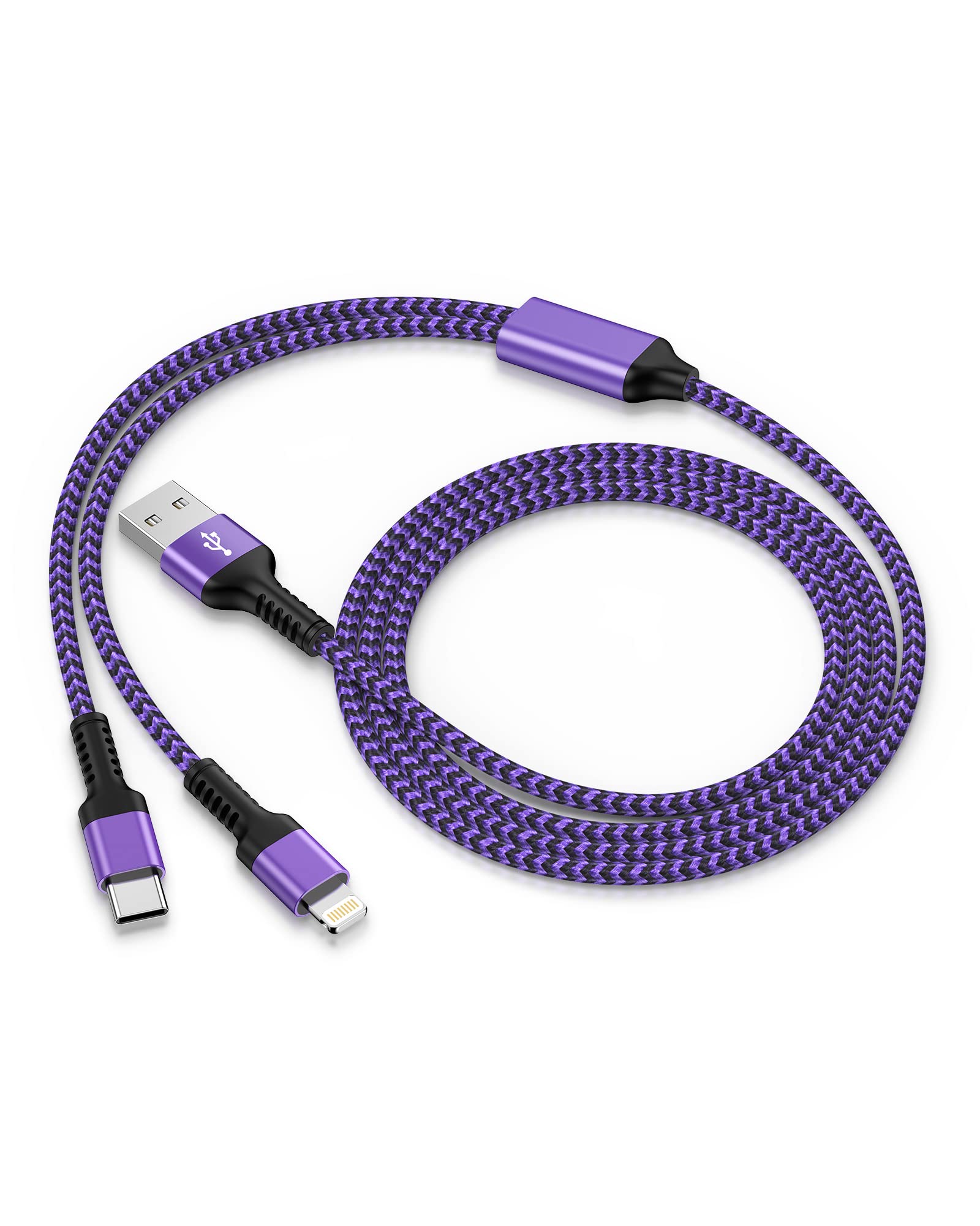 Multi Charger Cable, Lightning and USB C 2 in 1 Charging Cable Braided Multiple USB Cable Fast Charge Cord for iPhone/Android Ph