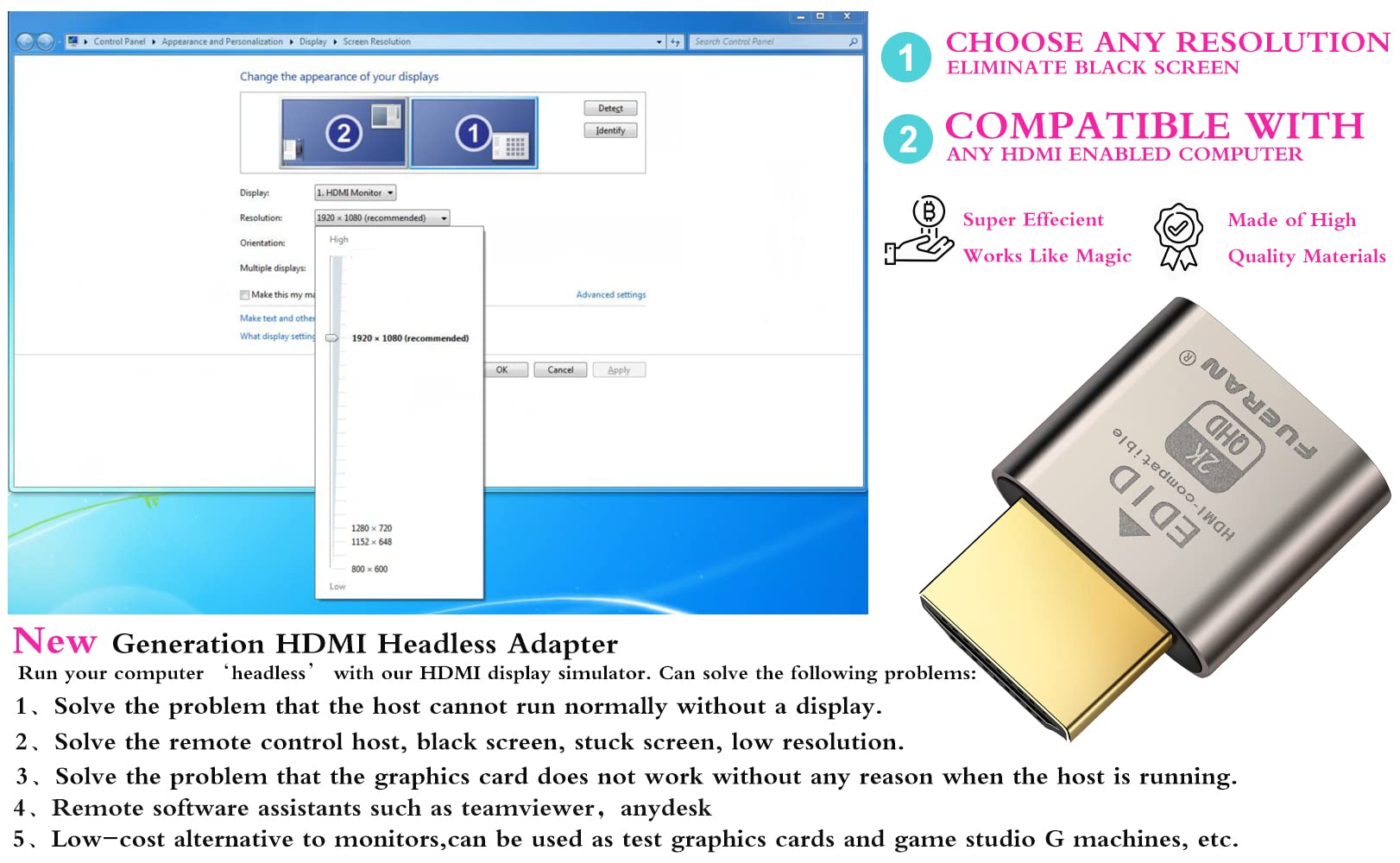 Fueran Hdmi Dummy Plug Headless Ghost Display Emulator Hdmi Compatible(Fit Headless 1920X1080 New Generation@60Hz) (Hdmi2.0 2K 1