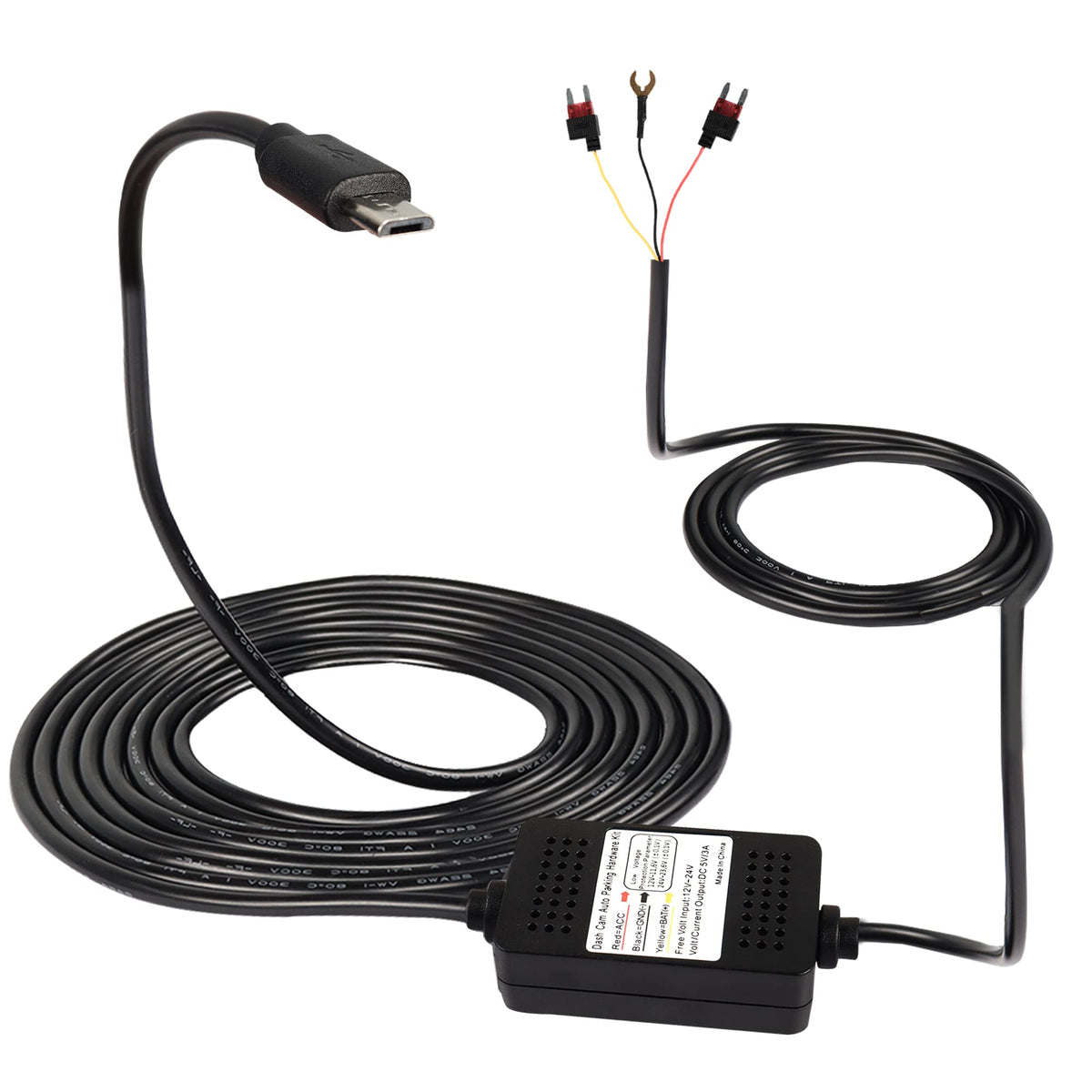Meiriyfa Dash Cam Acc Hardwire Kit, Micro Usb Hardwire Dashcam Kit Step Down Cable, 12V 24V To Dc 5V 3A Car Dash Charger Power Cord For Cars Camera Gps(11.5Ft)