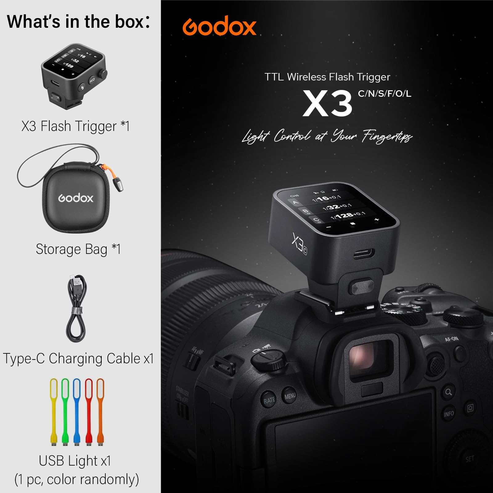 Godox X3 X3C Flash Trigger For Canon, Touchscreen Interface & Local Controls, Built In Type C Charging Battrery Ttl Hss 2.4G Wir
