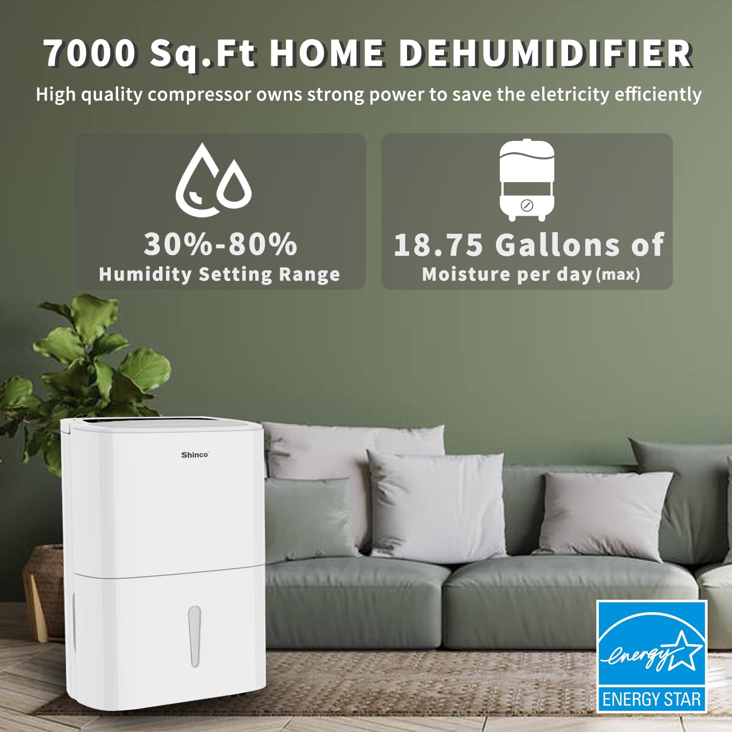 Shinco 7,000 Sq.Ft Energy Star Dehumidifier With Pump, Ideal For Large Industrial Rooms And Home Basements, Efficient Moisture R