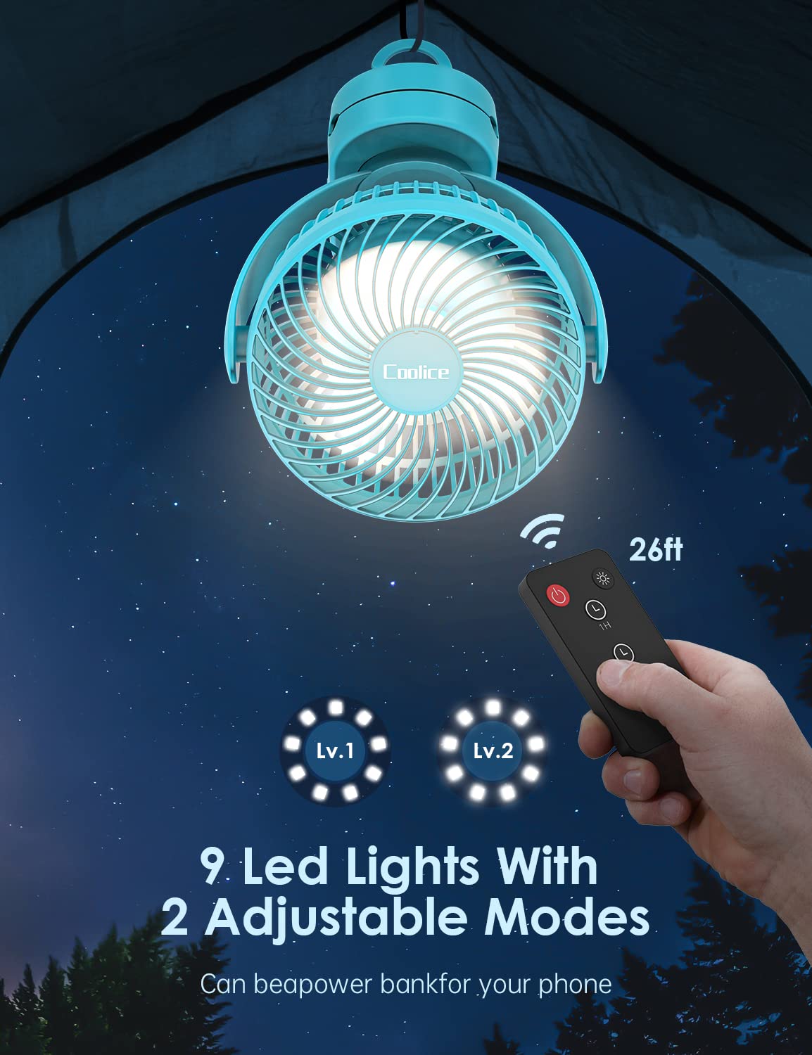 Camping Fan With Remote Control - 12000Mah Rechargeable Battery Powered Fan, Camping Fans For Tents With Led Light & Hanging Hoo