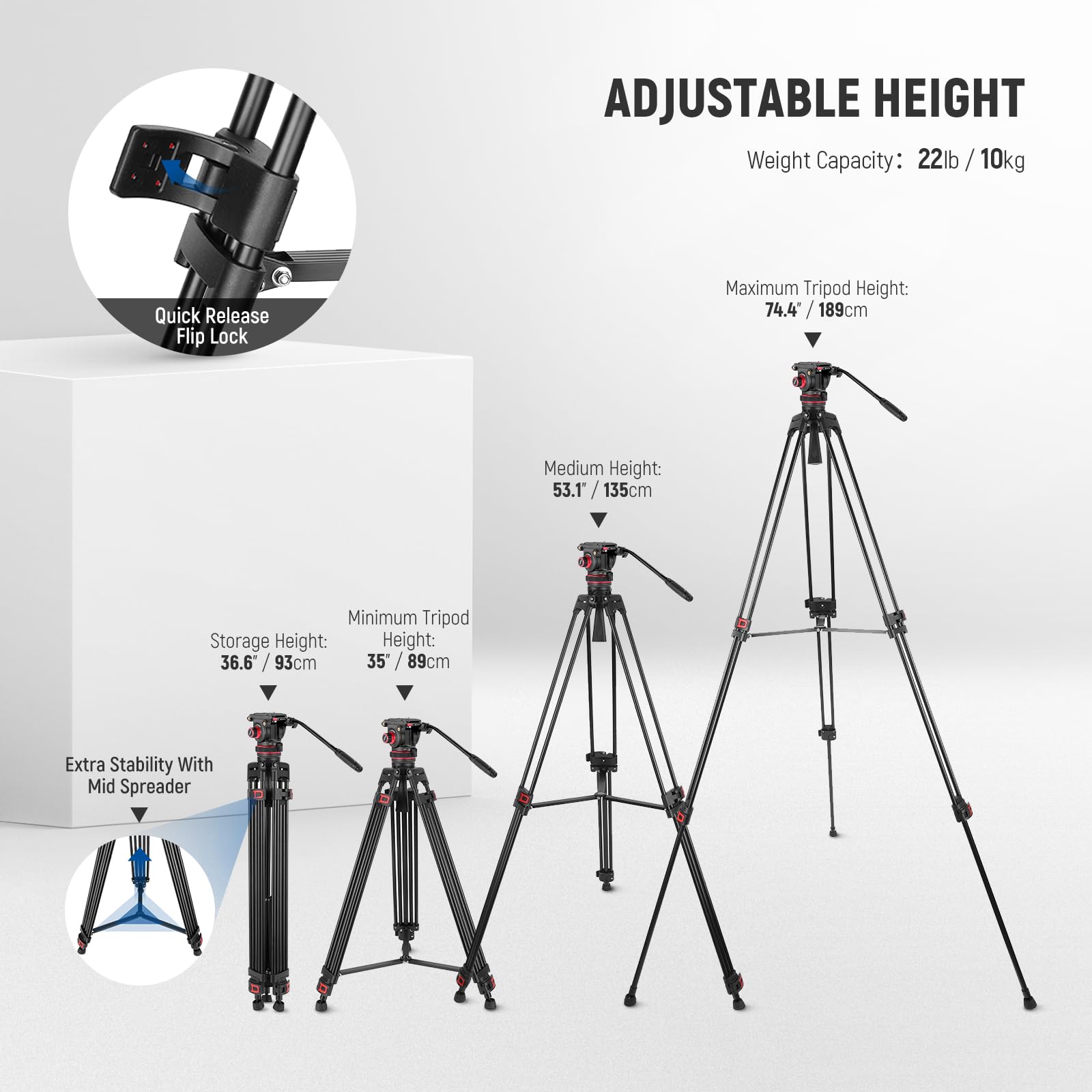 Neewer 74'' Video Tripod With Adjustable Damping Fluid Head, Metal Heavy Duty Dual Mode Qr Plate, Flexible 360 Pan&+90/ 75 Tilt,