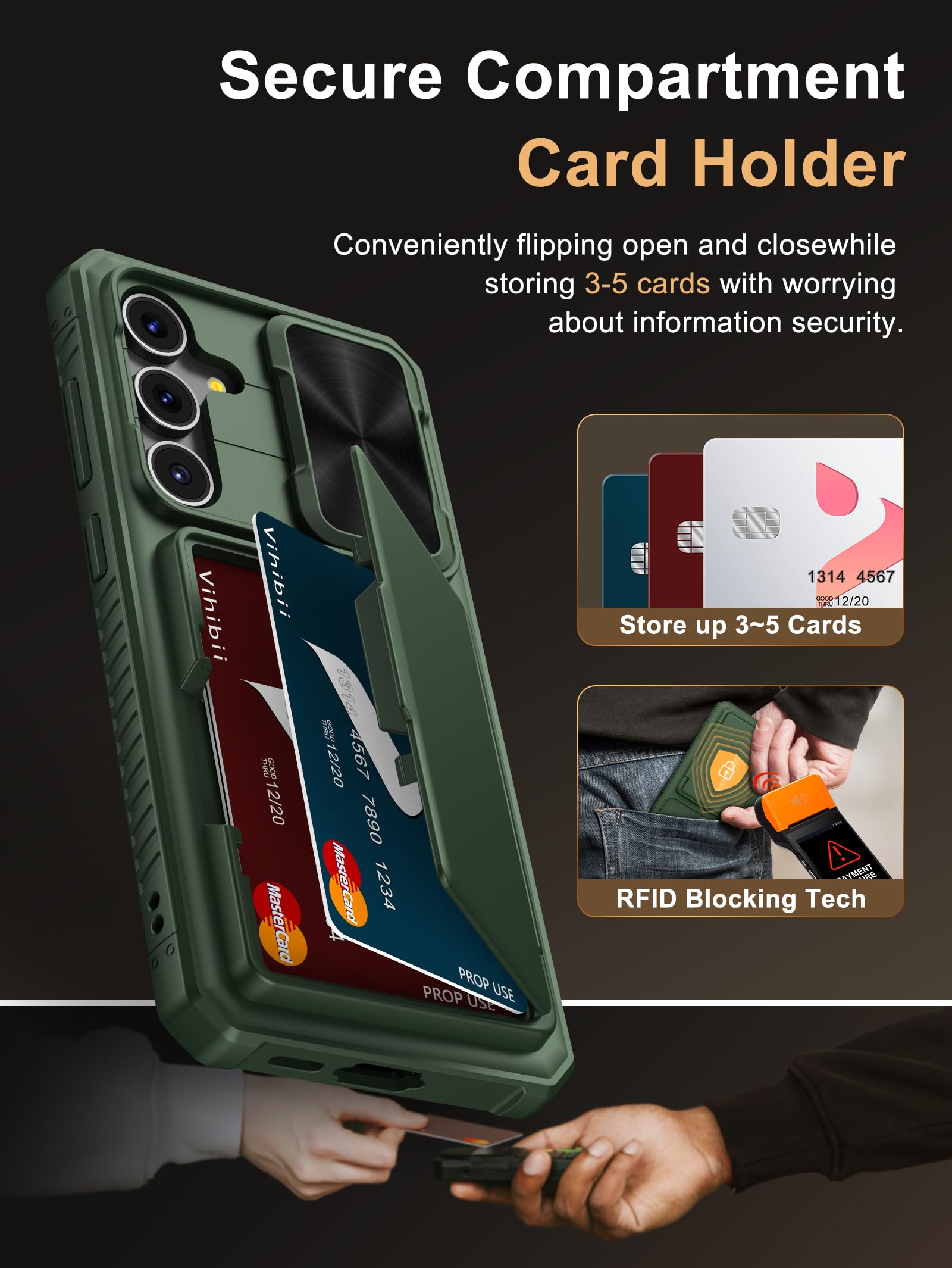 Vihibii For Samsung Galaxy S24 Fe Case With Card Holder (4 Cards) & Slide Lens Cover & Kickstand & Raised Edges Protect Screen,