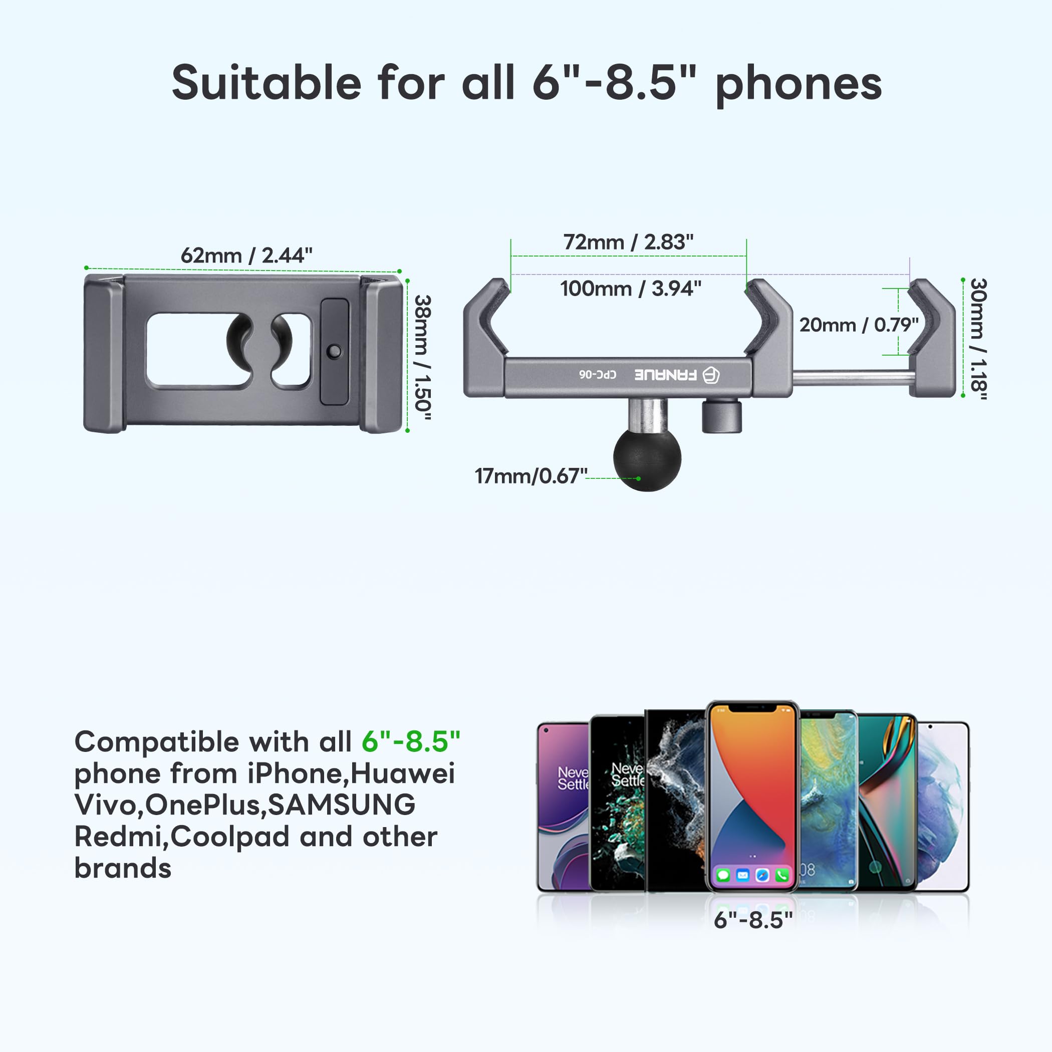 Fanaue Motorcycle Cell Phone Holder With 17Mm Ball Head, Compatible With Garmin Ram Mounts And 17Mm Double Aocket Arm, Aluminum