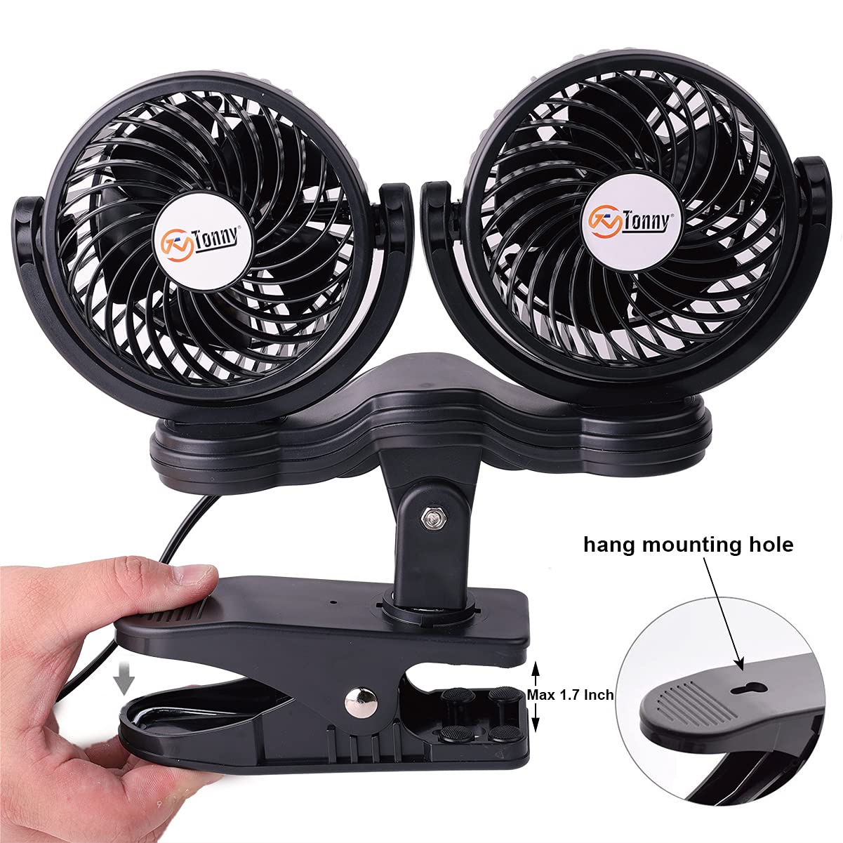 Tn Tonny Dual Head Clip Fan, 4 Inches Electric Car Clip Fans 360 Rotatable,12V Cooling Air Fan With Stepless Speed Regulation Fo