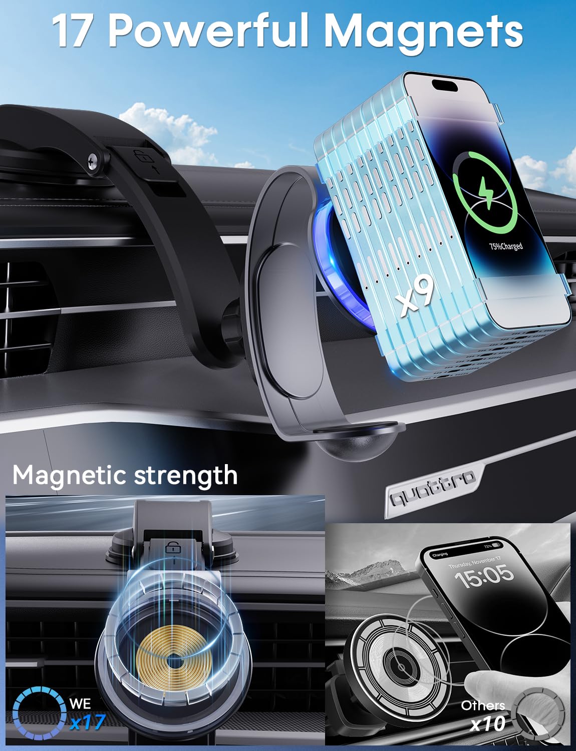 2-In-1 For Magsafe Car Charger Mount For Iphone & Apple Watch - 15W Fast Wireless Charging For Iphone 16/15/14/13/12, 3W For App