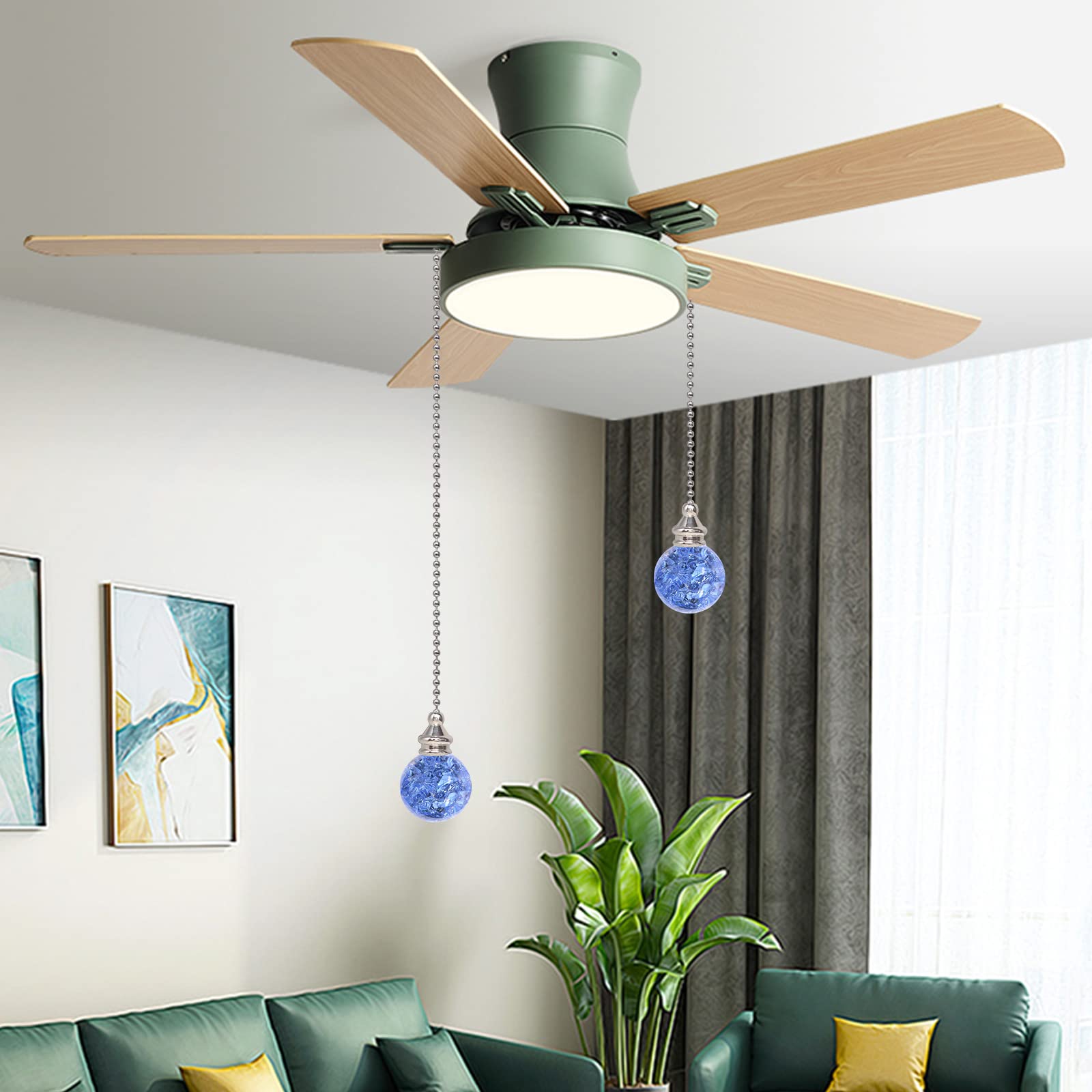 2Pcs Light Blue Pull Chain Crystal Glass Ice Cracked Ball Pull Chain For Ceiling Fan Light Decoratio 50Cm Extension Chain