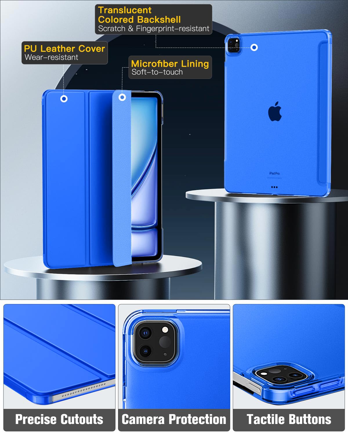 MoKo for iPad Air 13 Inch M2 Case 2024/ iPad Pro 12.9 Case (6th/5th Gen 2022/2021), Slim Smart Shell Translucent Frosted Hard PC Back Cover, Support Touch ID & Pencil Pro/2nd/USB C, Klein Blue