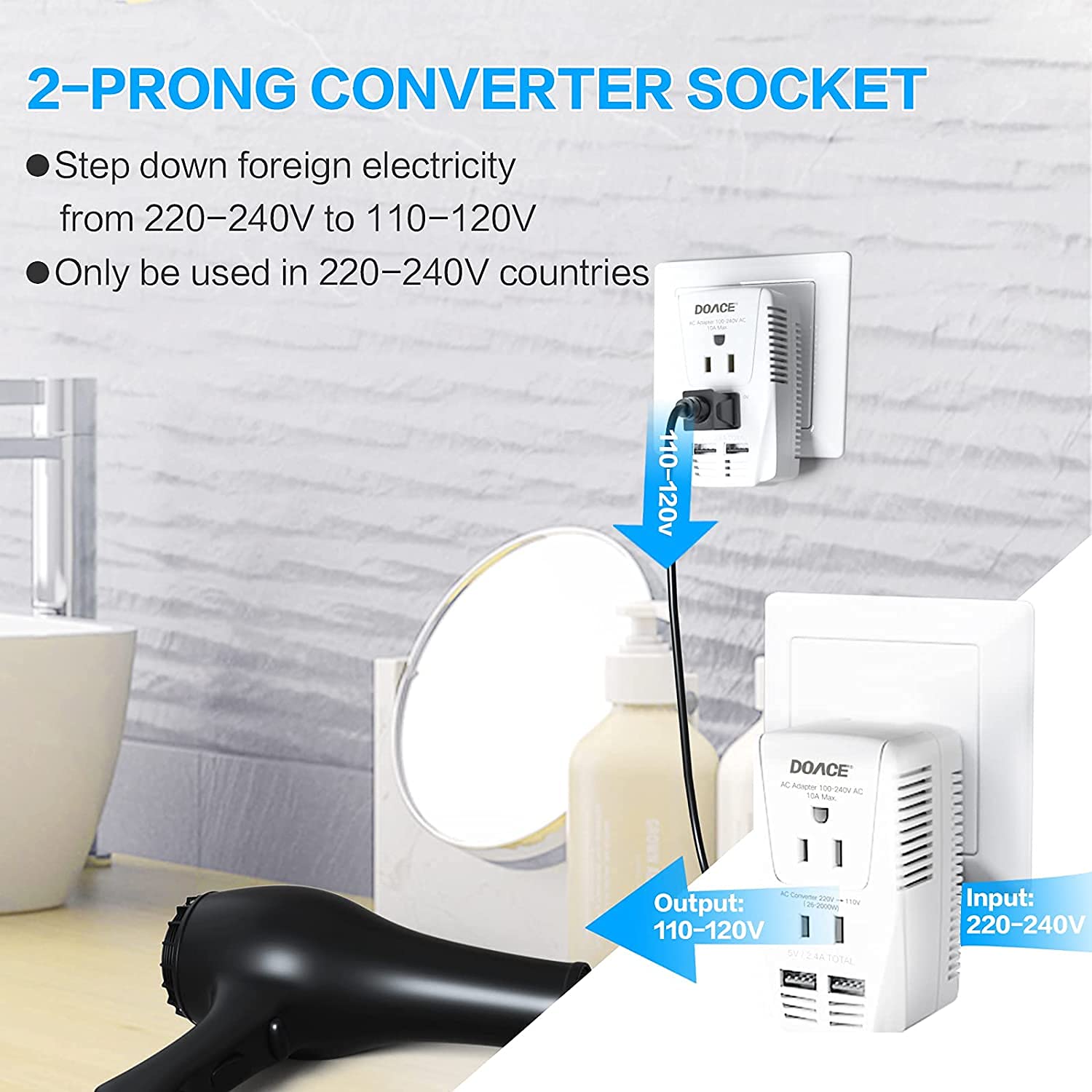 Upgraded Doace C11 2000W Travel Voltage Converter For Hair Dryer Straightener Curling Iron, Step Down 220V To 110V, 10A Power Ad