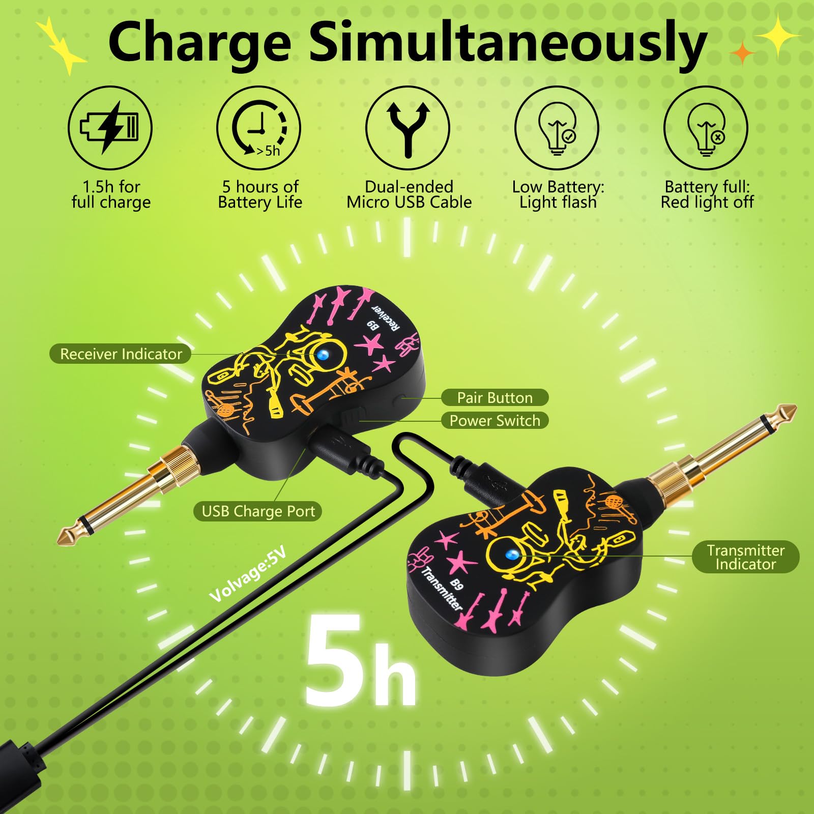 Ingpartner B9 Wireless Guitar Transmitter Receiver System 2.4Ghz Audio Transmitter And Receiver For Electric Guitar Bass Violin