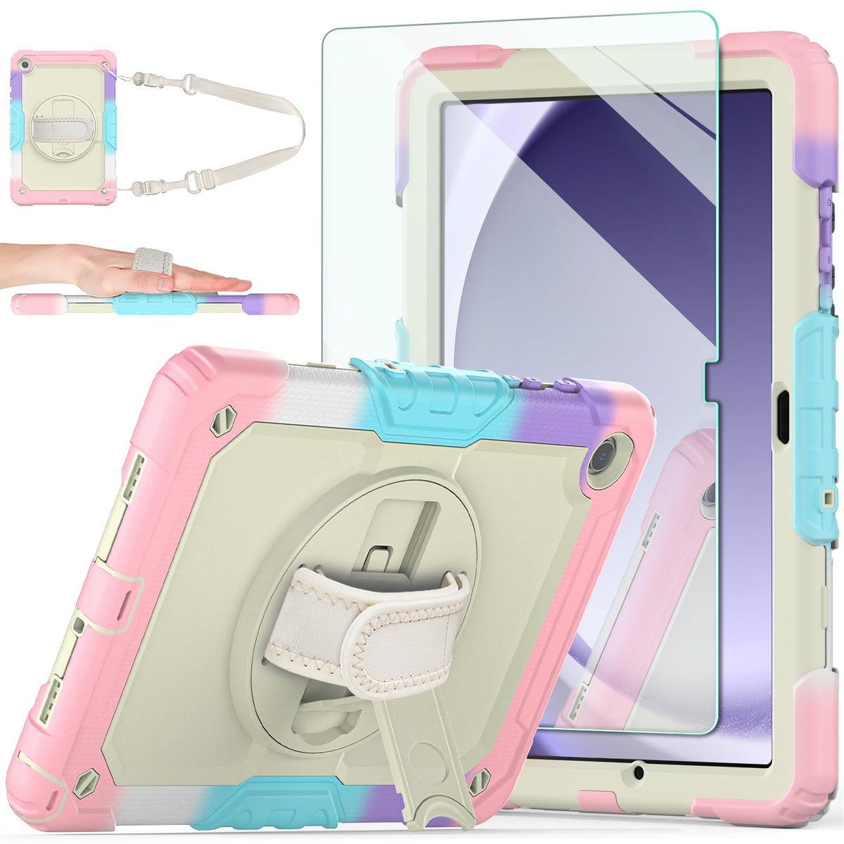 Ambison Case For Samsung Galaxy Tab A9+ 11'' 2023, [Kids Proof] Full Body Protective Case With 9H Tempered Glass Screen Protector, 360° Rotatable Kickstand & Hand Strap (Light Pink)
