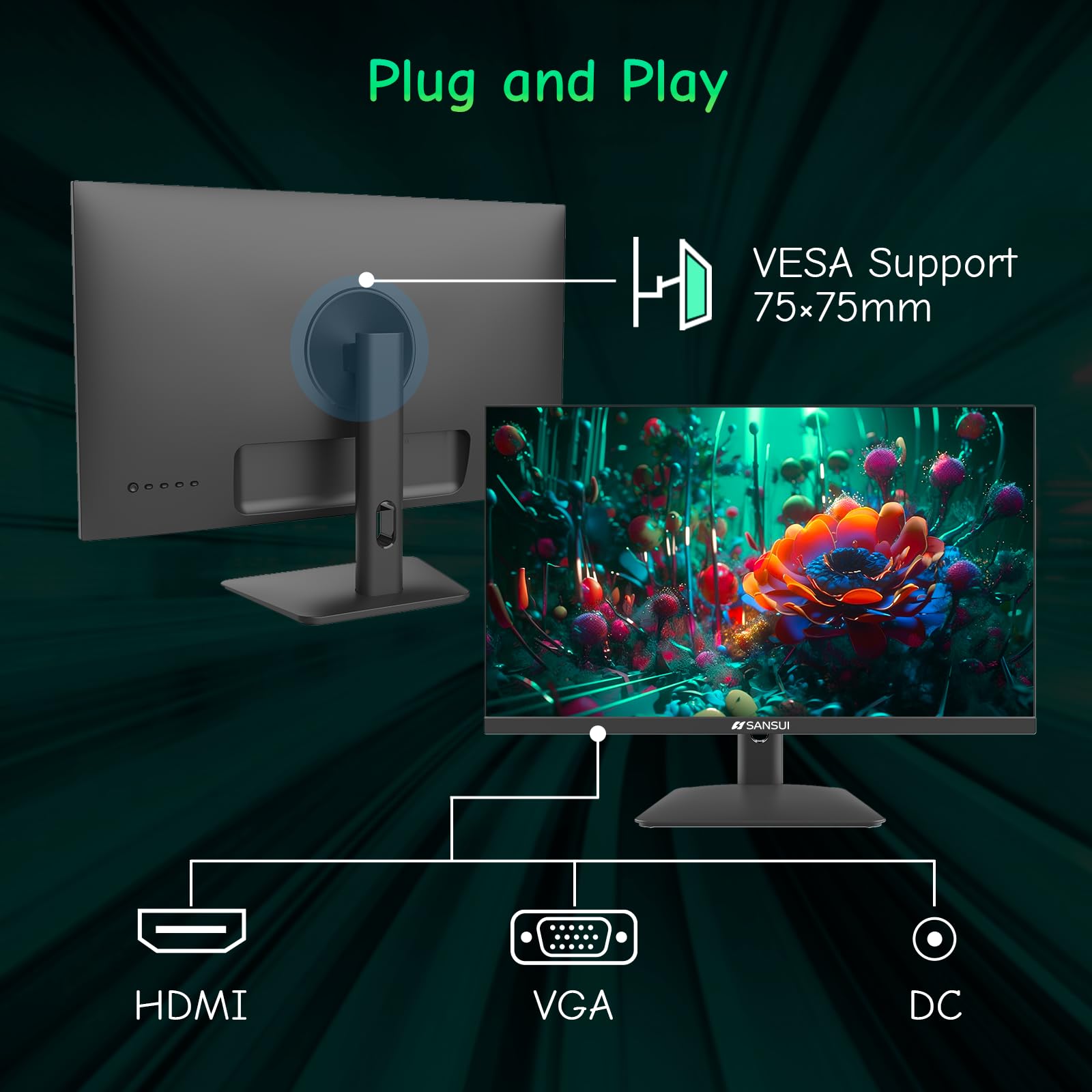 Sansui Computer Monitor 24 Inch Ips Eye Care 1080P Display Hdmi,Vga Ports With 178 Viewing Angle/Frame Less/Tilt/Vesa Compatible