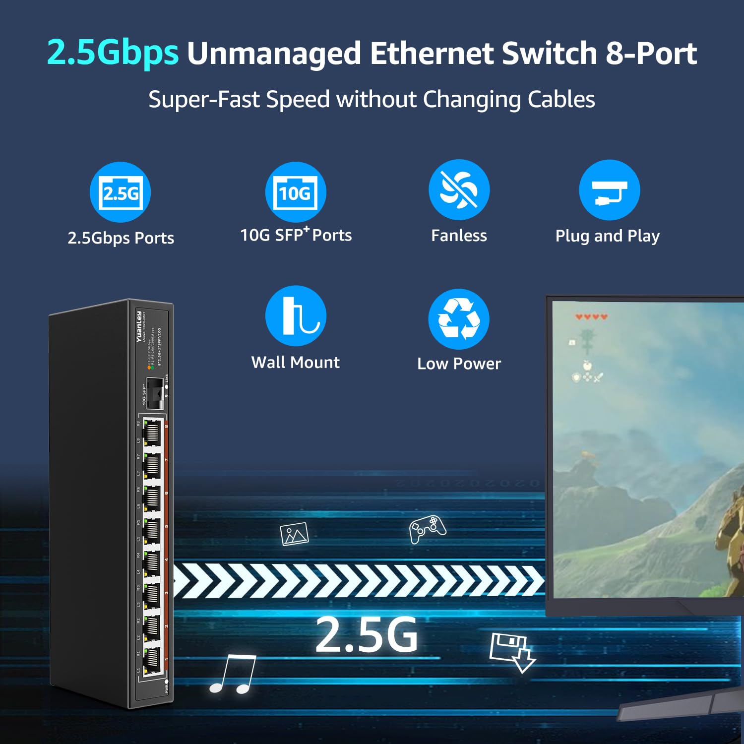 8 Port 2.5G Unmanaged Desktop Ethernet Switch With 10G Sfp, 8 X 2.5G Base T Ports, 60Gbps Switching Capacity, Compatible With 10