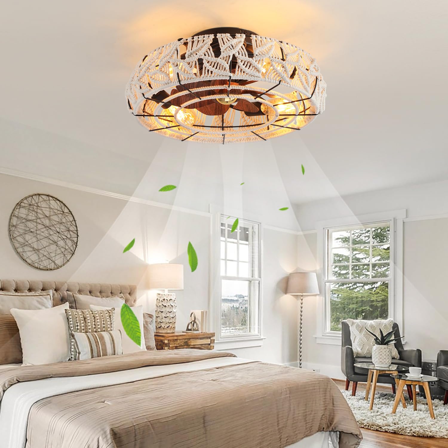 Xudom Boho Caged Ceiling Fans With Lights And Remote 20'' Flush Mount 6 Speed Reversible Enclosed Low Profile Handmade Cotton Ro