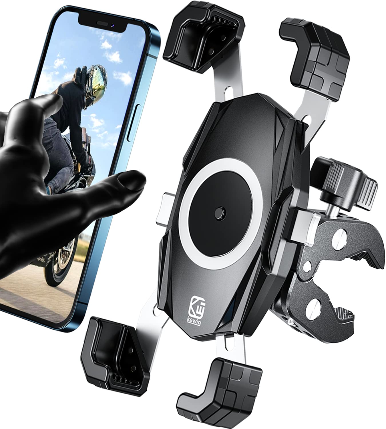 Kewig Motorcycle Phone Mount, Bike Phone Mount Upgrade Quick Install Handlebar Clamp, Bike Phone Holder For Scooter Clip Mount F