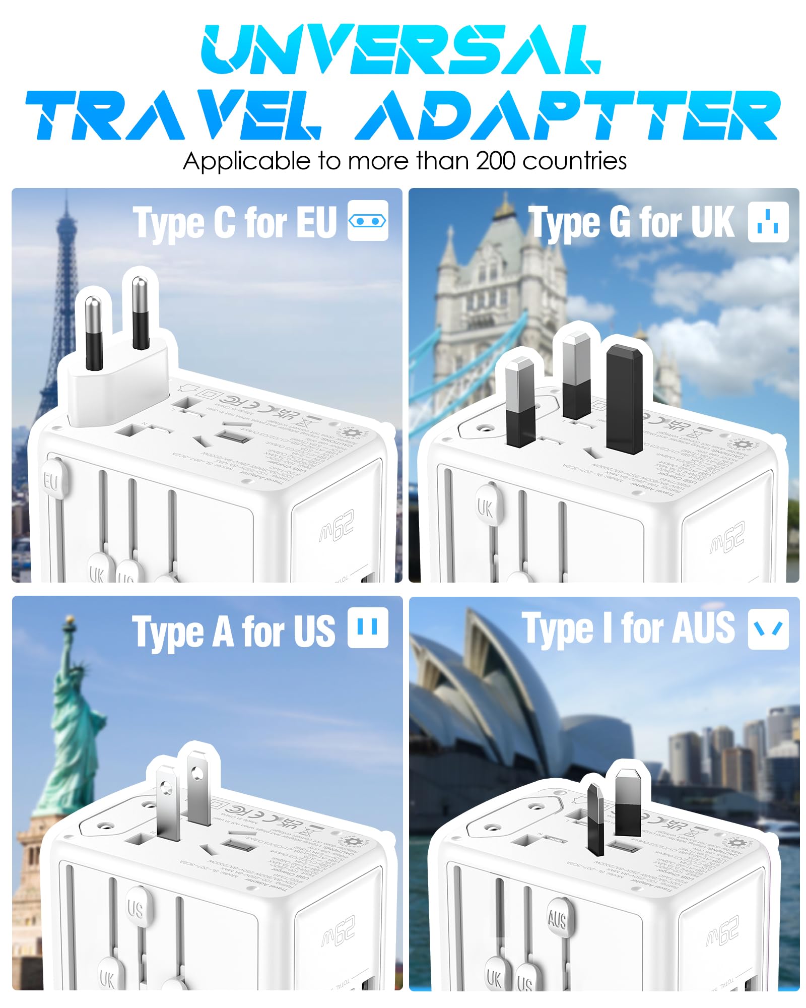 Urjd Universal Travel Adapter With 5 Usb Ports (3 Usb C) & Multi Ac Outlet, International Power Plug Adapter Converter Worldwide