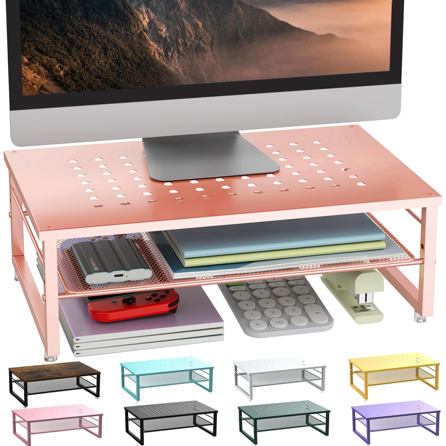 gianotter 2-Tier Metal Monitor Stand Riser, Desk Organizer for Monitor, Office Desk Storage Organizer for Office Supplies (Rose 