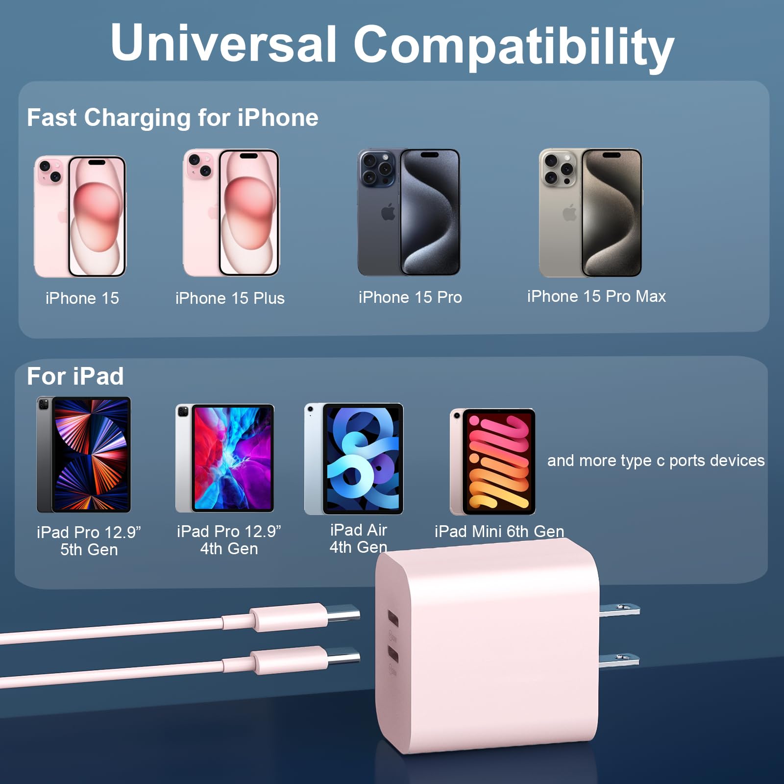 Usb C Fast Charger Block, 20W Dual Port Usb C Fast Charger Block With 6Ft Long Usb C To C Charging Cable Cord For Iphone 15 Pro