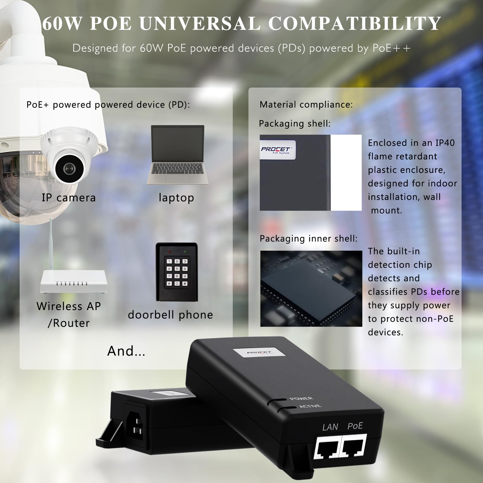 Procet 10Gbps Power Ove Ethemet Acive Poe Niector Midspan 60W 55V, Ul Cericate, For A New Range Of Apolications Includino 802.11