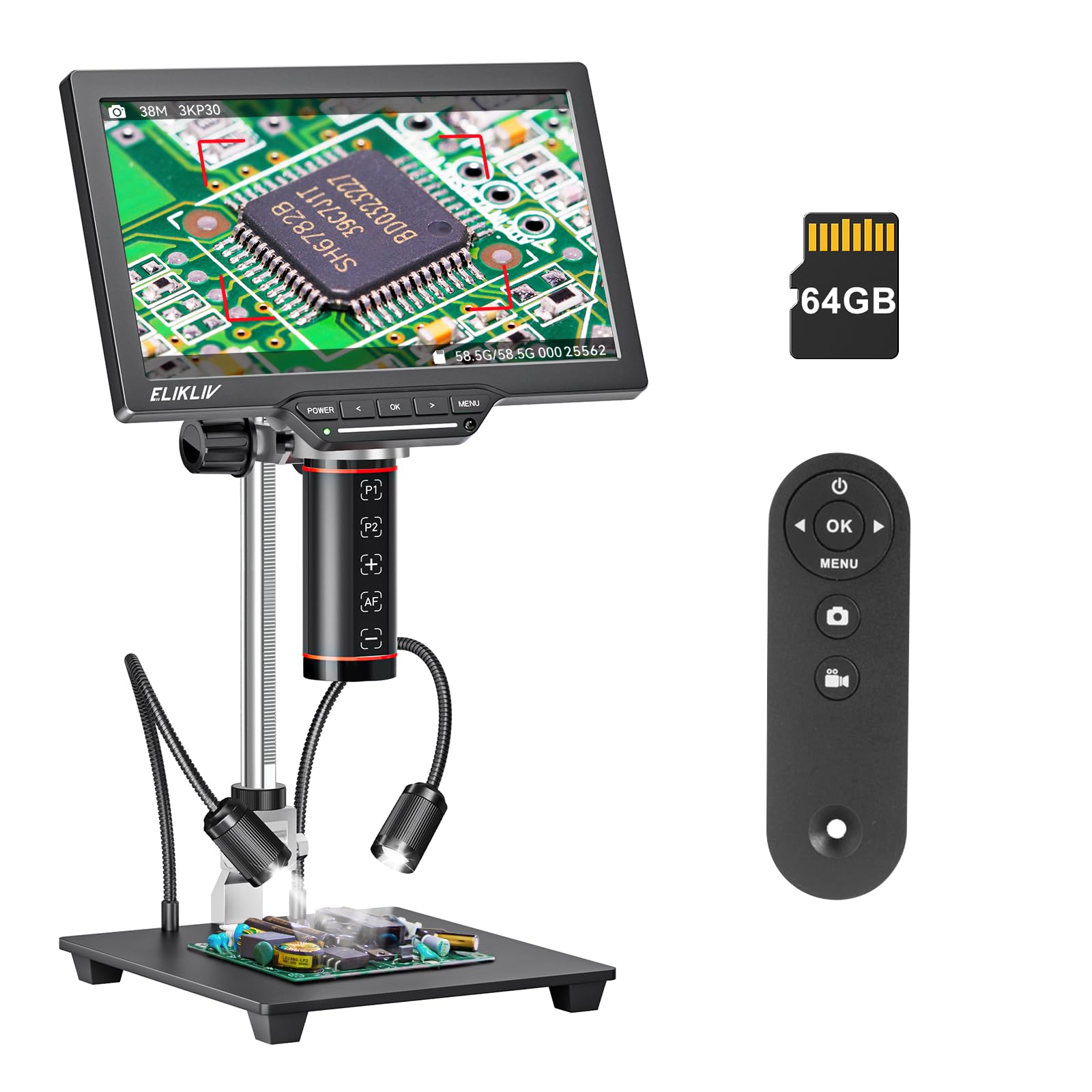Elikliv Autofocus Digital Microscope EM3K-AF Max: 3K Coin Microscopes with 10.1 IPS Screen, HDMI Soldering Microscope for Electr