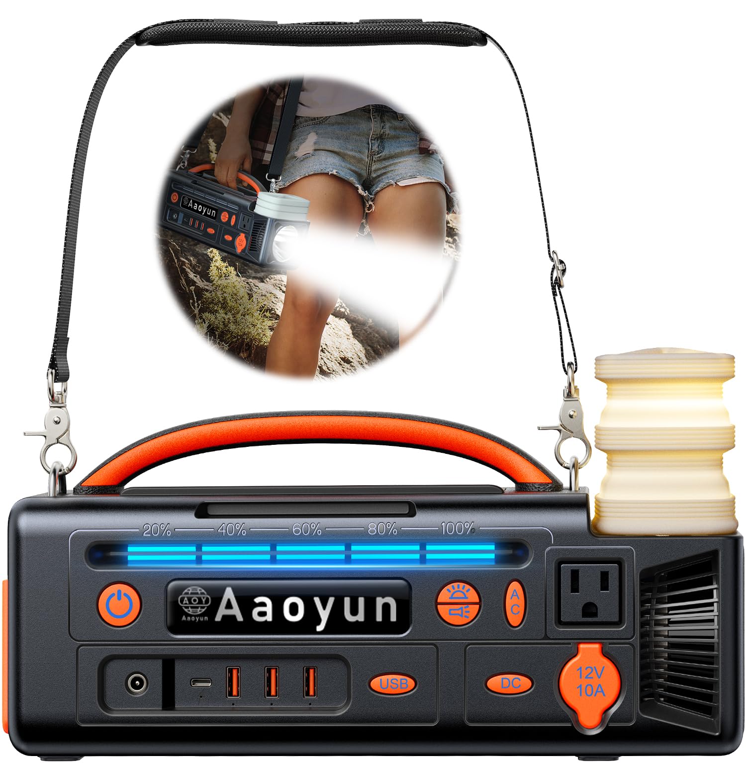Aaoyun Portable Power Station 300W, 296Wh Solar Generator with 100W USB-C In/Output, Night Light & LED Flashlight, Compact Campi