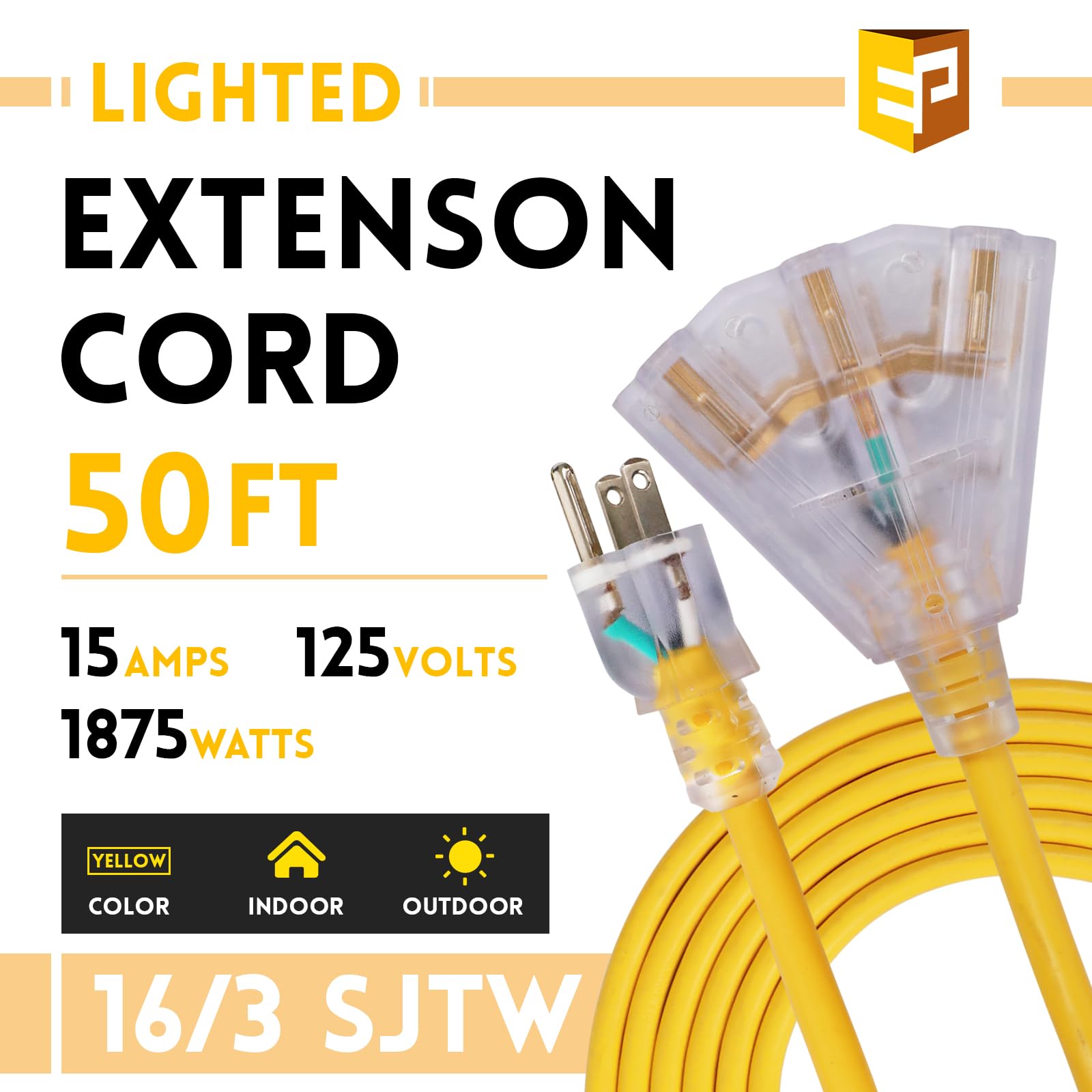 Ep 50 Ft Lighted Outdoor Extension Cord With 3 Electrical Power Outlets   14/3 Sjtw Heavy Duty Yellow Extension Cable With 3 Pro