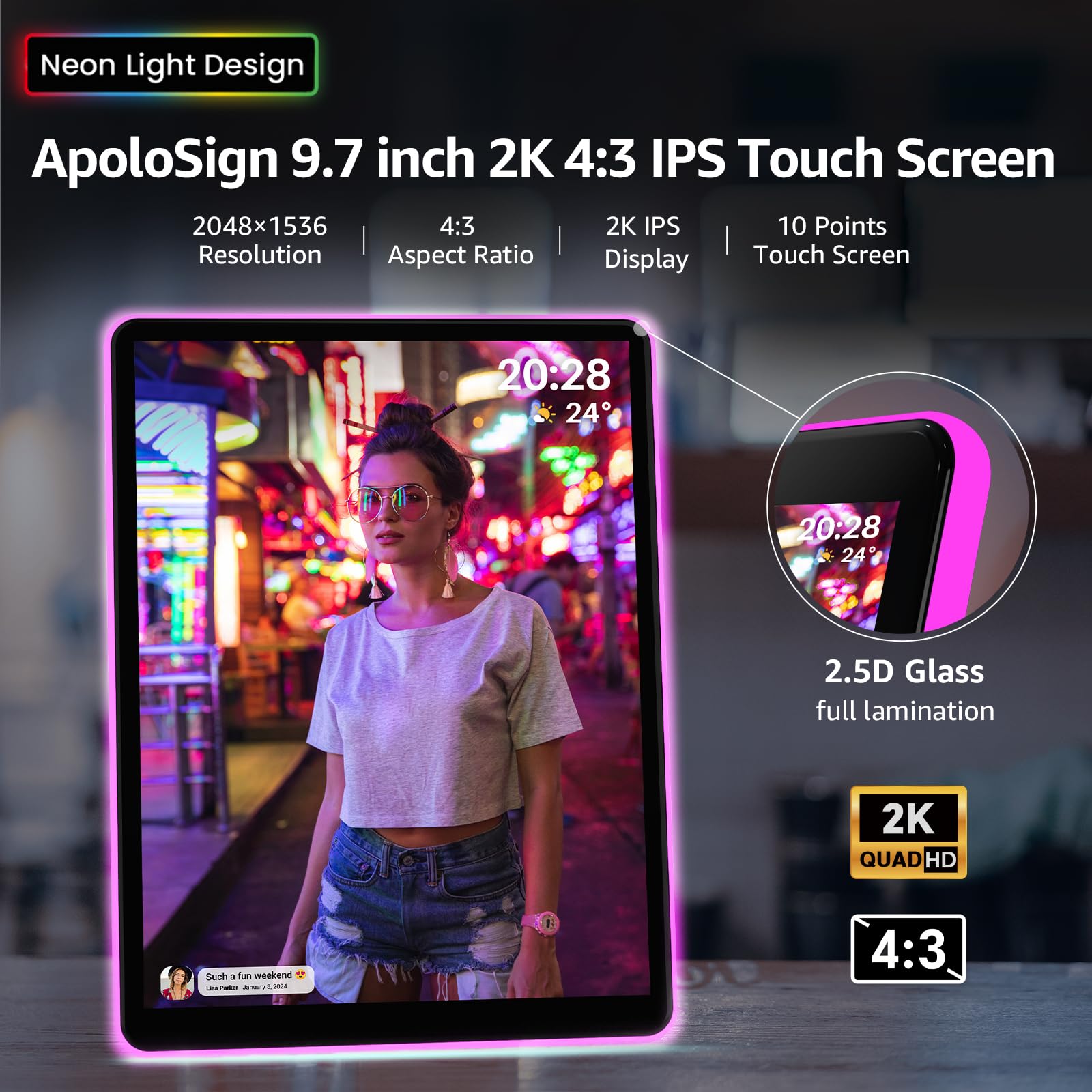 Apolosign 9.7'' Neon Light Digital Frame, 2K Resolution, The Best Digital Picture Frame For Gifting | With 2.5D Glass Ips Touchs