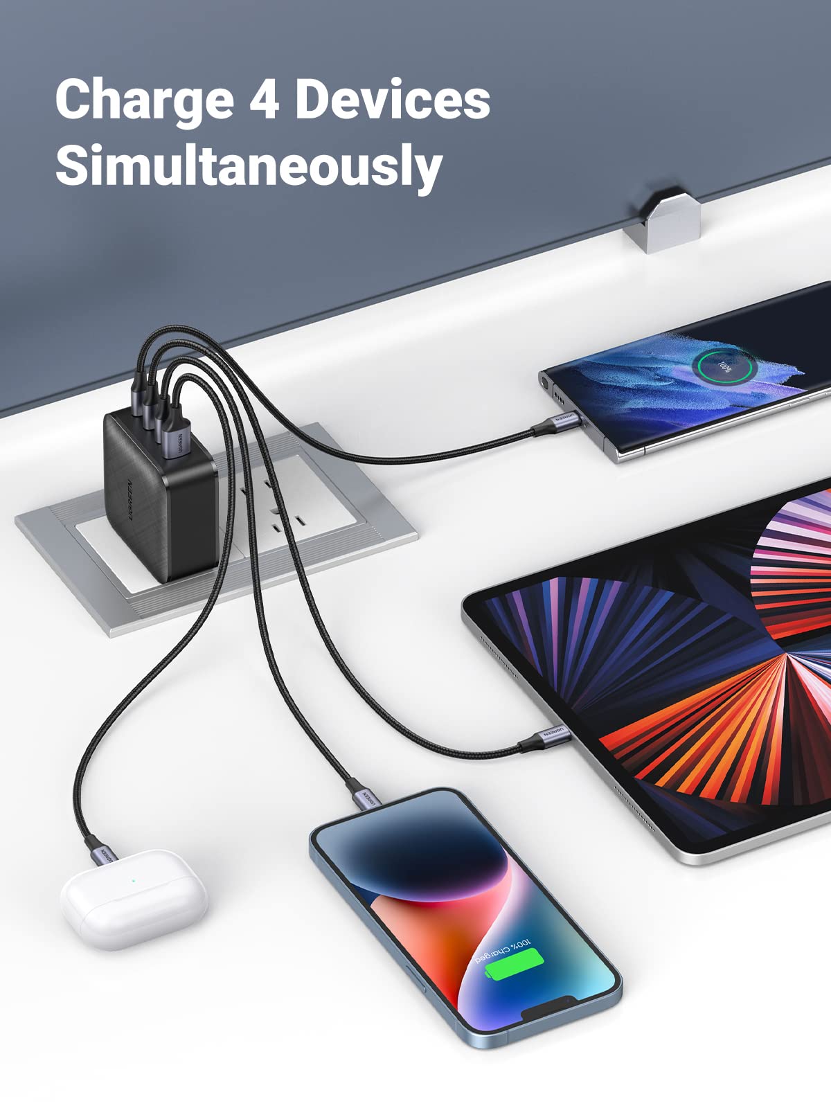 Ugreen 65W Usb C Charger 4 Ports Usb C Power Adapter Gan Pd Fast Wall Charger Compatible With Macbook Pro/Air M2, Dell Xps 13, I