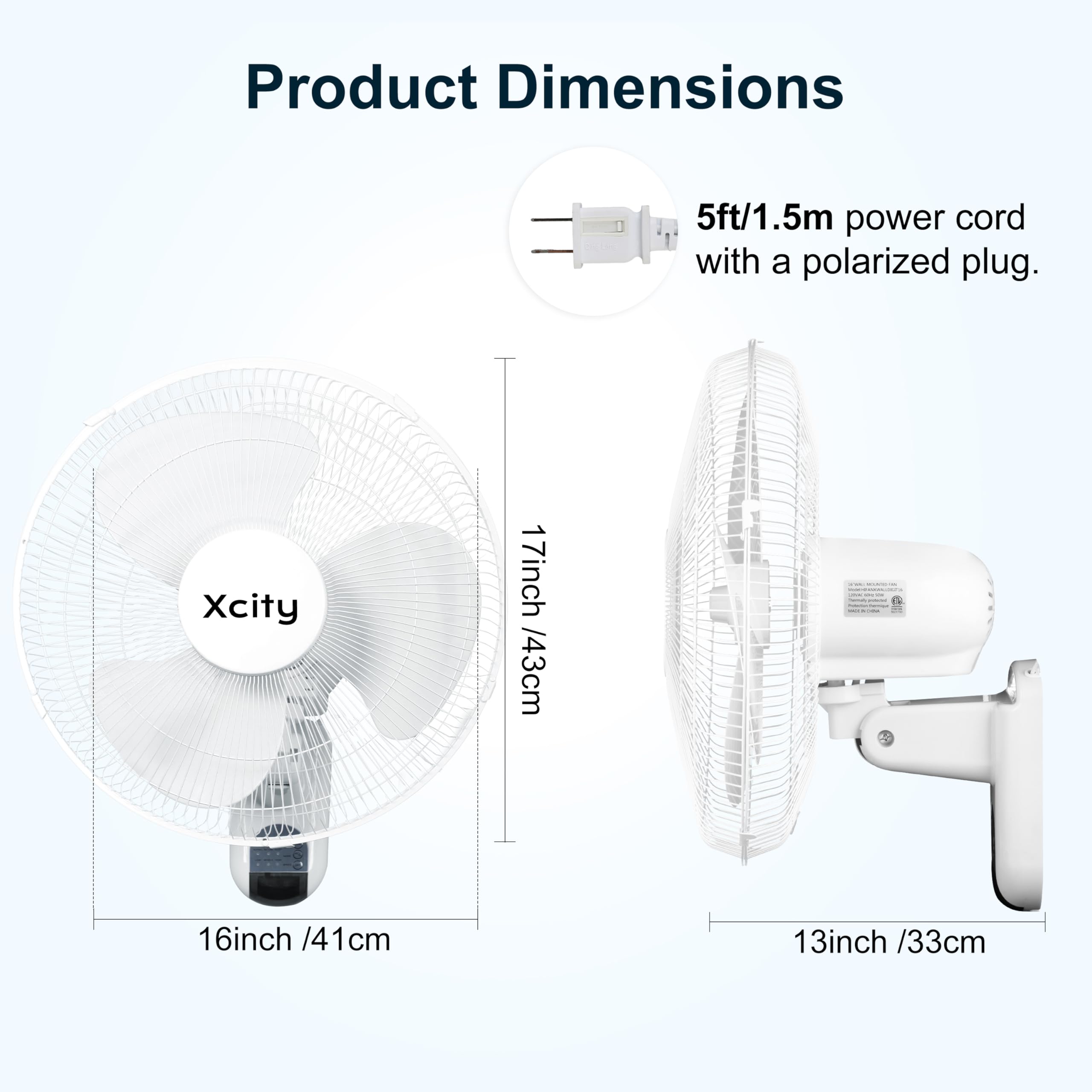 Xcity 16 Inch Wall Mounted Fan With Remote Control, 3 Speeds, 3 Modes, Timer, 90 Oscillating & 60 Adjustable Tilt, High Velocity