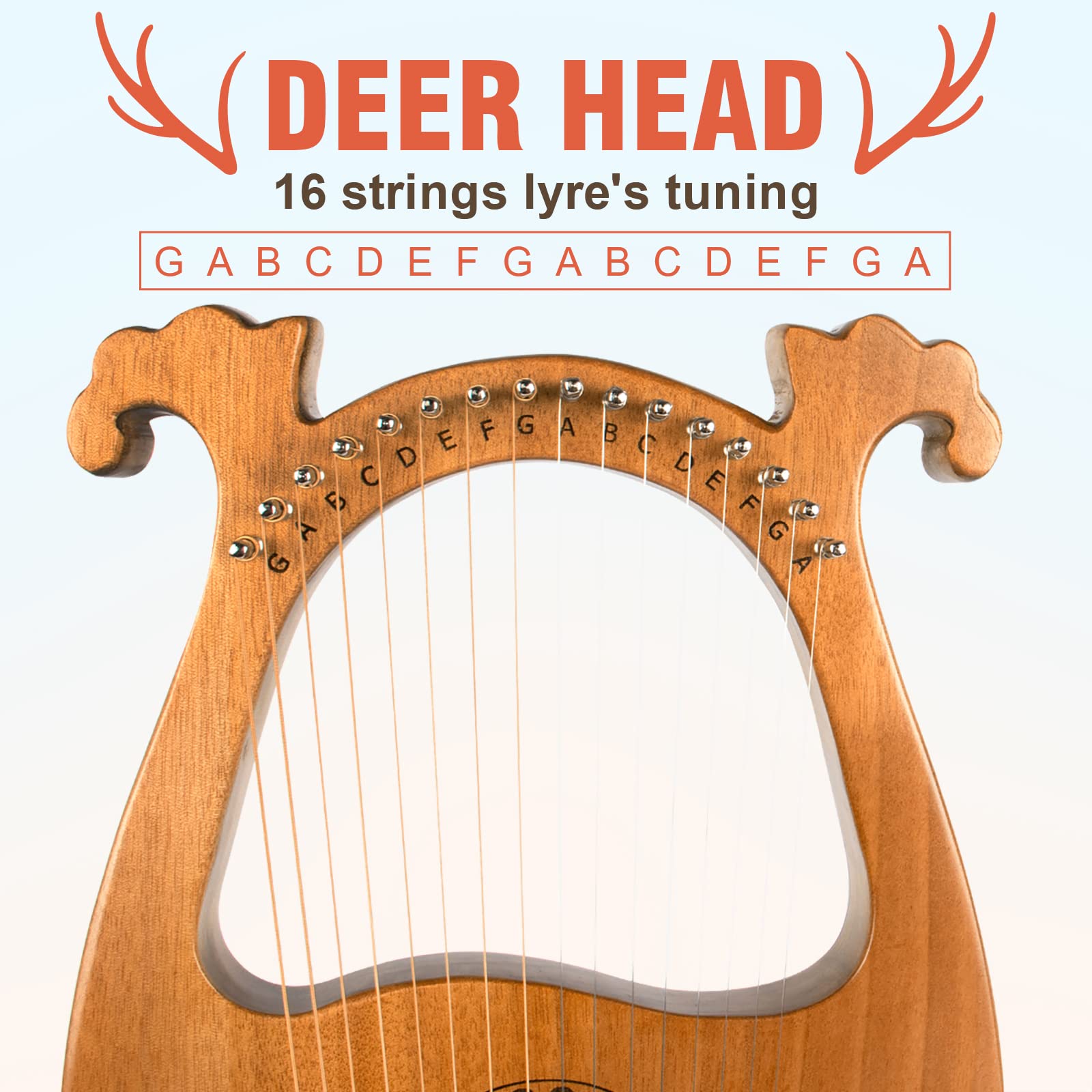 Lyre Harp, Aklot 16 Metal Strings Mahogany Body Lyra Harp With Maple Saddle Carved Note Tuning Wrench Pickup Strings And Black G