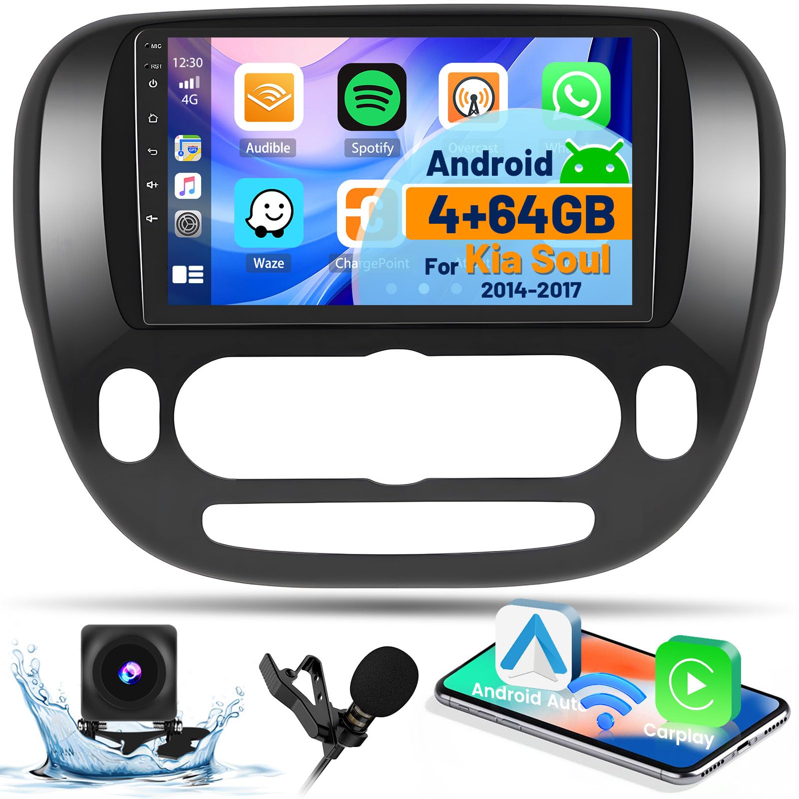 Inefala 8 Core 4+64G Android Car Stereo Screen For Kia Soul 2014 2017(Manual A/C) Radio Upgrade, 9'' Touch Screen With Wireless