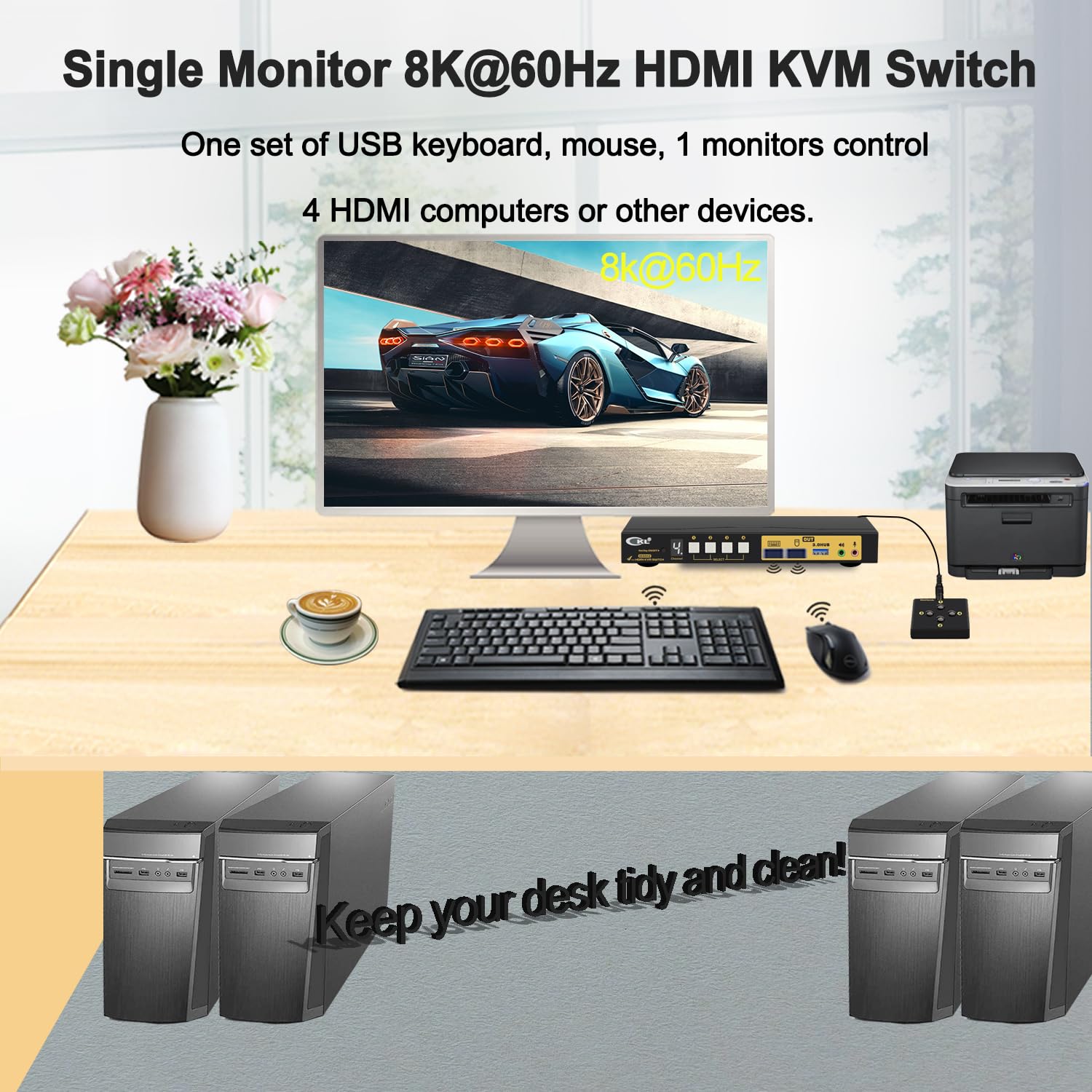 Ckl 4 Port Usb 3.0 Kvm Switch Hdmi 2.1 8K 60Hz 4K 120Hz 144Hz With Edid, Pc Screen Keyboard Mouse Peripheral Audio Sharing Selec