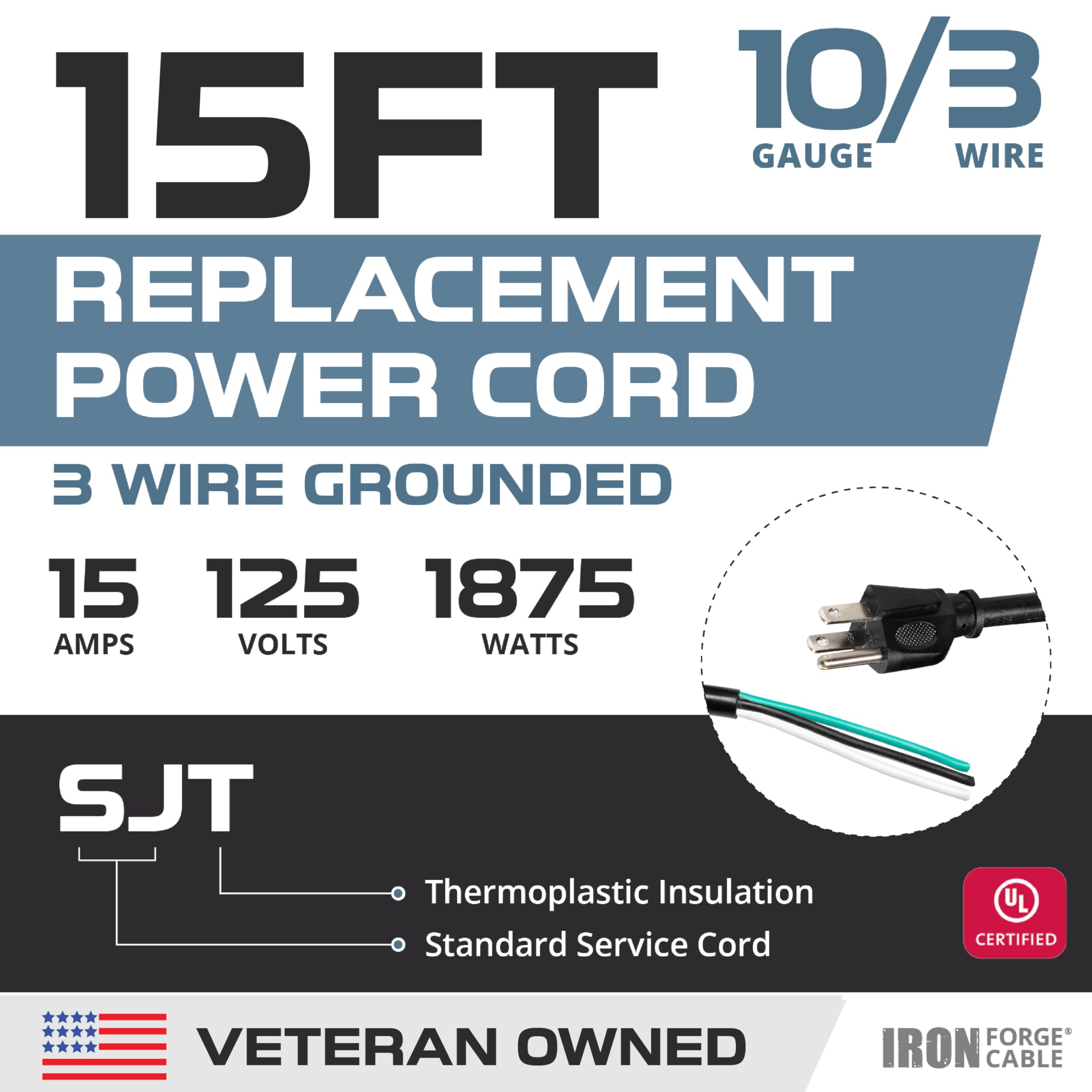 Iron Forge Cable 10 Gauge Power Cord Replacement   15Ft,15 Amp Black Heavy Duty Extension Cord, 10/3 Sjt 3 Prong Electric Cable