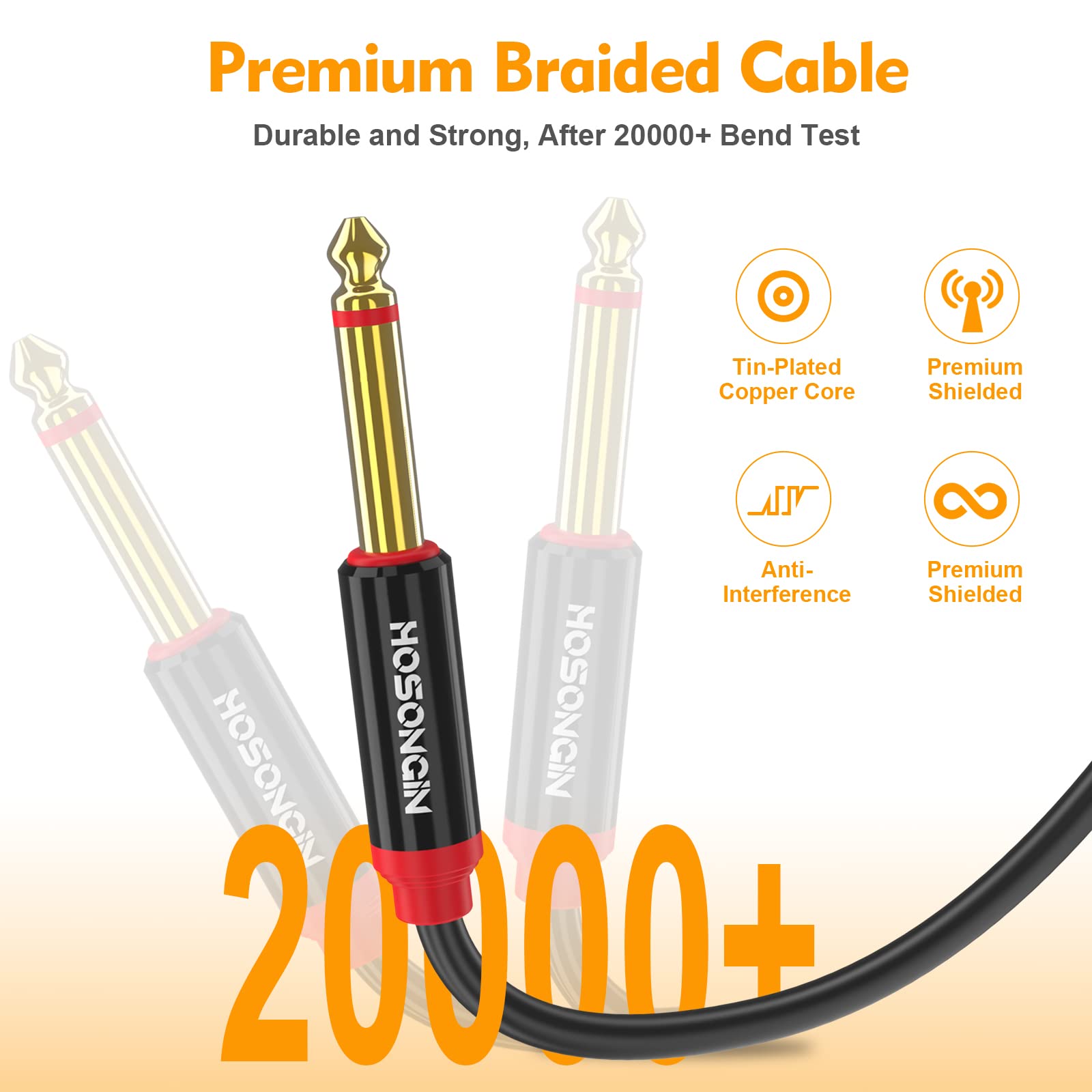 Hosongin Dual 1/4 Inch Ts To Dual 1/4 Inch Ts Stereo Interconnect Insert Cable, Pvc Jacket Gold Plated Plug Double Shielding Cab