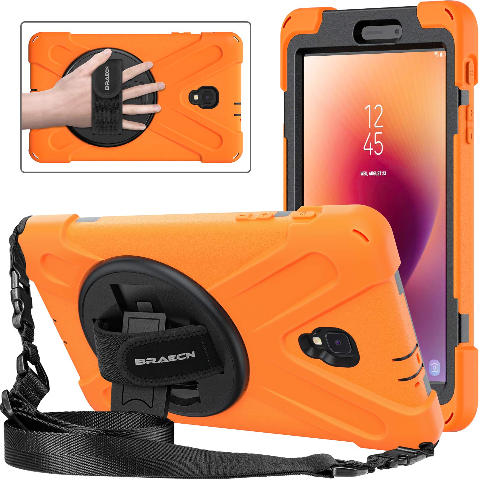 BRAECNstock for Samsung Galaxy Tab A 8.0 (SM-T380/T385) Heavy Duty Shockproof Case with 360 Rotating Kickstand & Hand Strap Shou