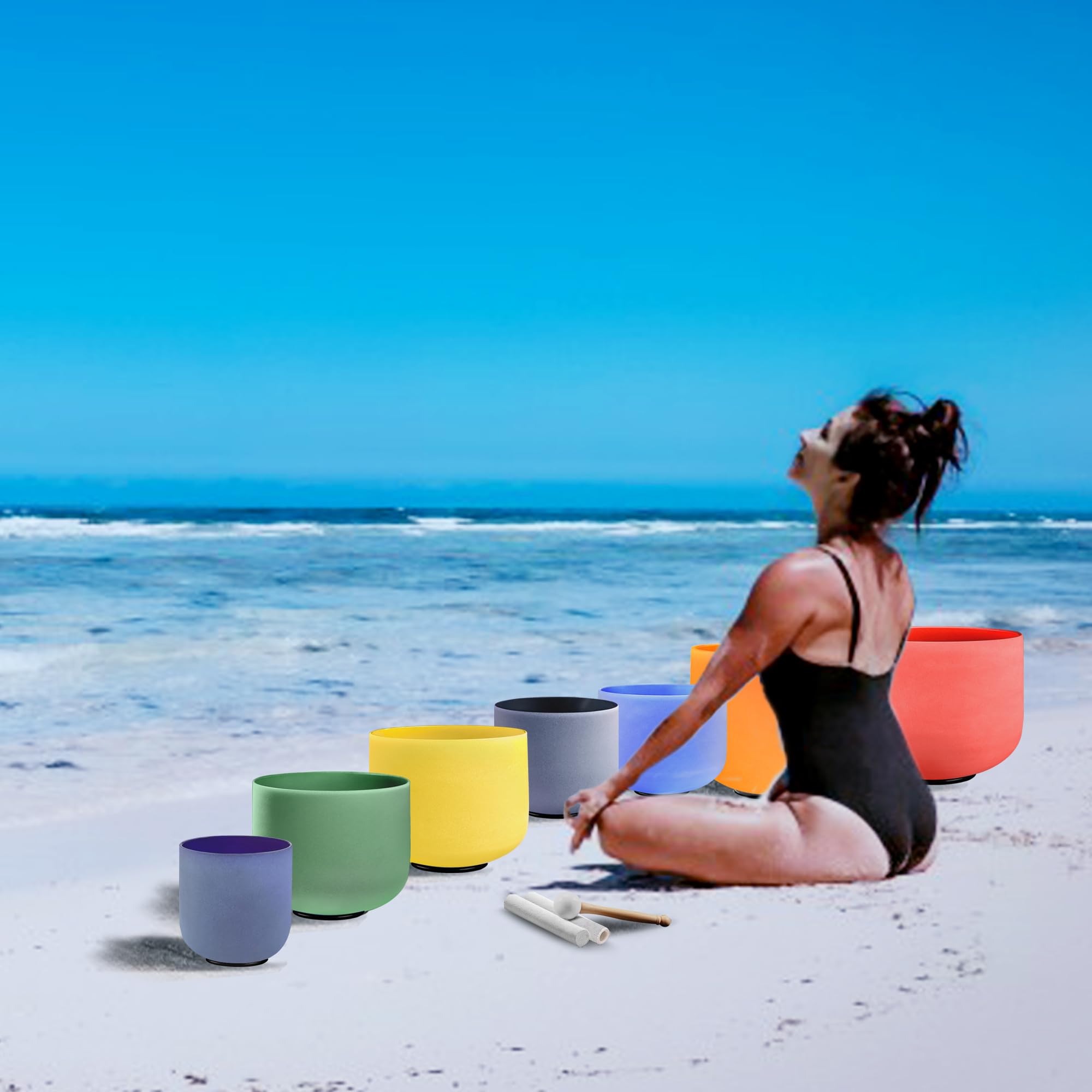 Ryan Dvan 432 Hz 7-12 Inch Set Of 7 Colored Frosted Quartz Crystal Singing Bowl With Free 2 Pcs Carrying Cases