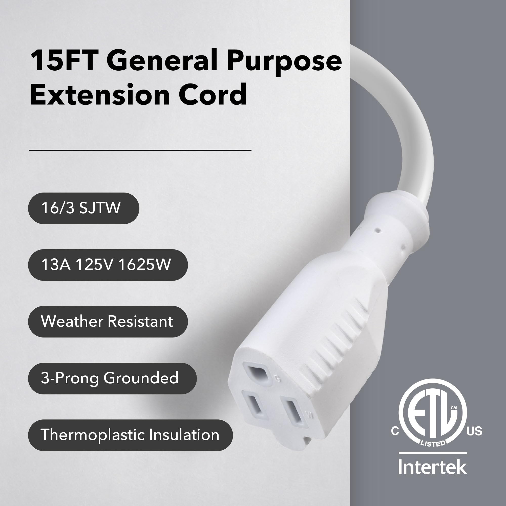 Bn Link 15Ft Outdoor Extension Cord, 3 Prong, 16 Gauge General Purpose Power Cord, Grounded Plug, White, For Landscaping & Holid
